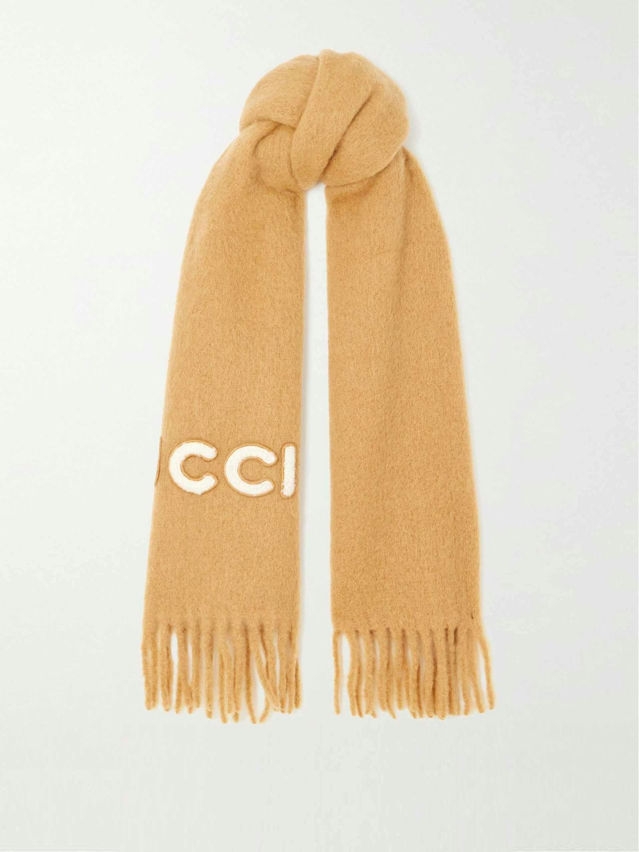 Fringed shearling-trimmed knitted scarf
