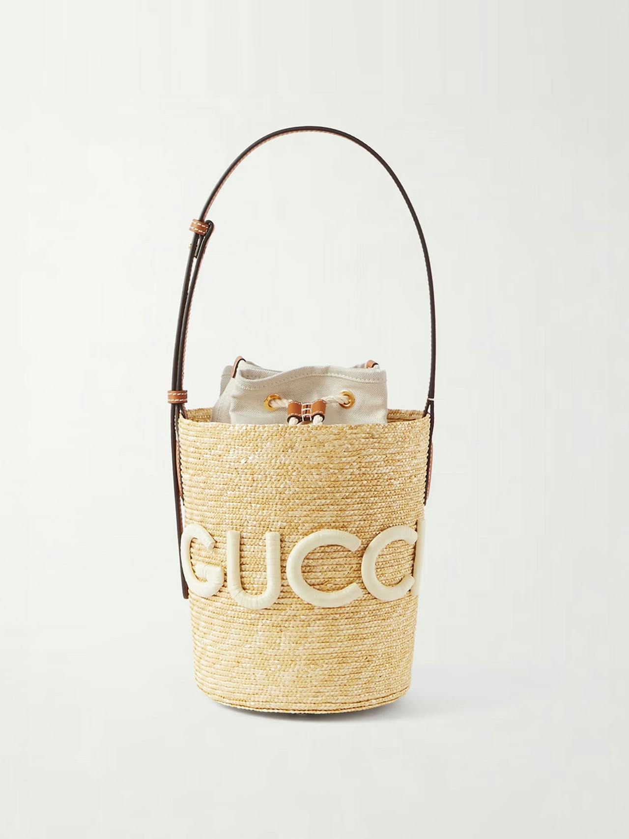 Leather-trimmed appliquéd raffia bucket bag