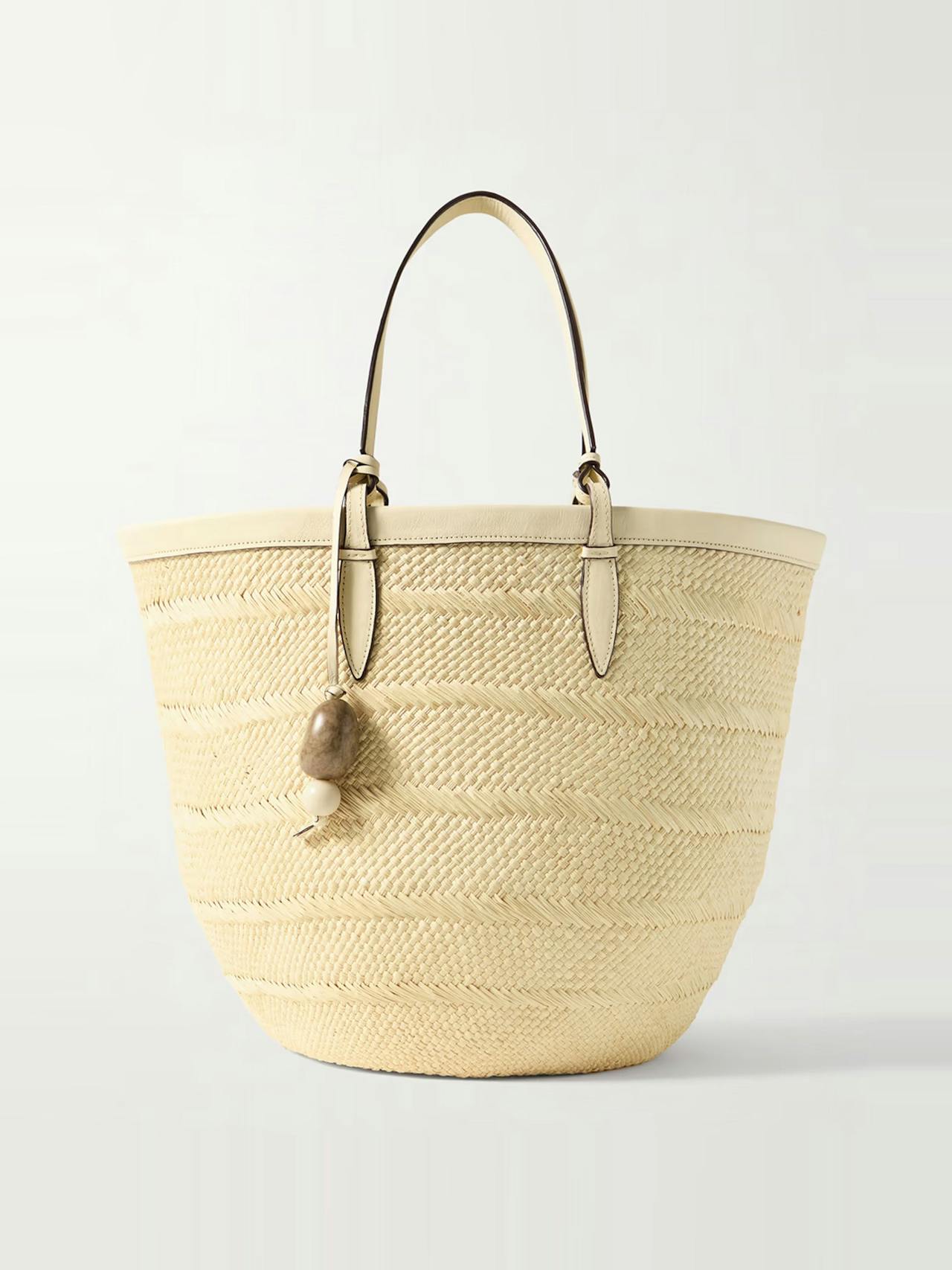 Medium leather-trimmed woven iraca tote