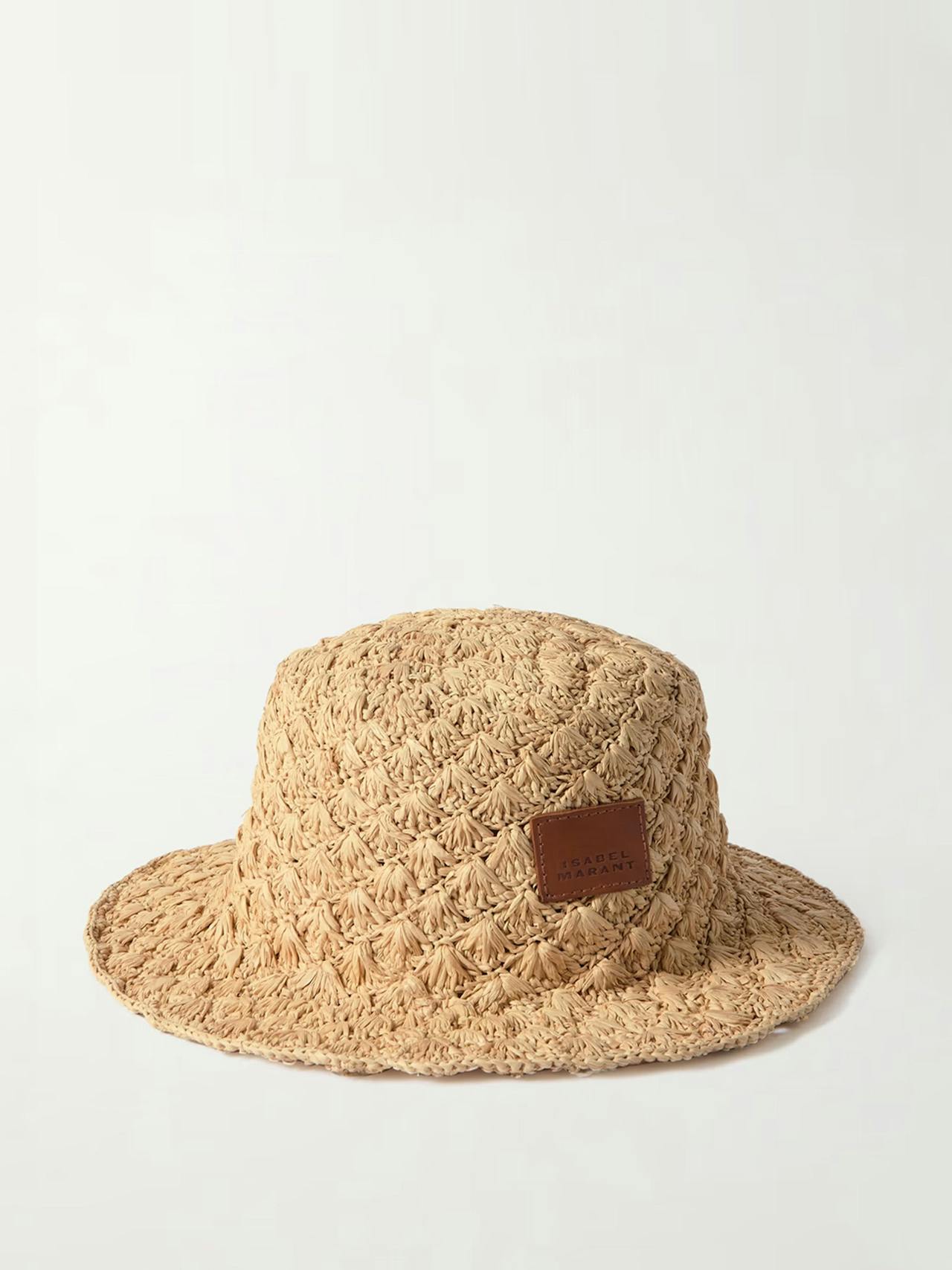 Leather-appliquéd raffia bucket hat