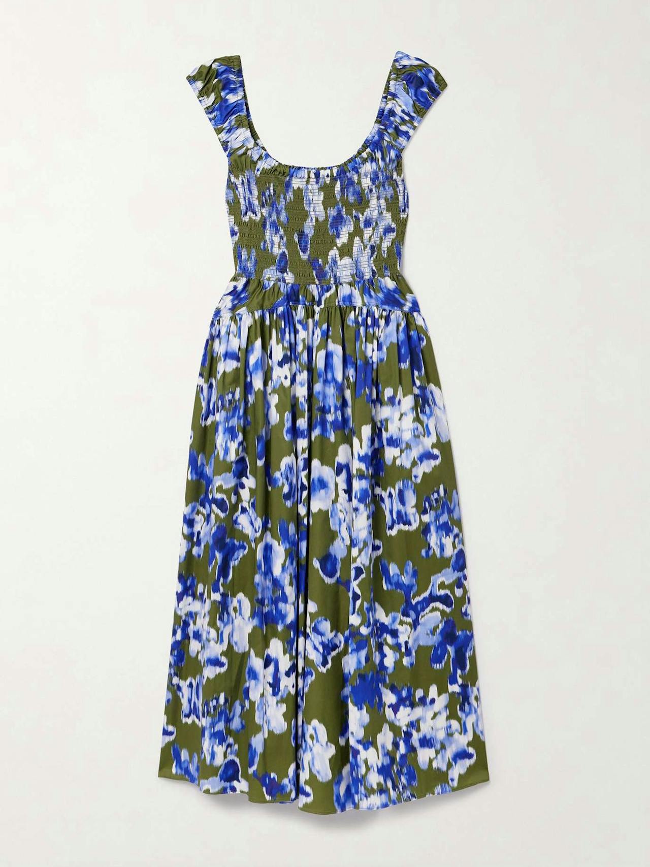 Vivian shirred printed cotton-sateen midi dress