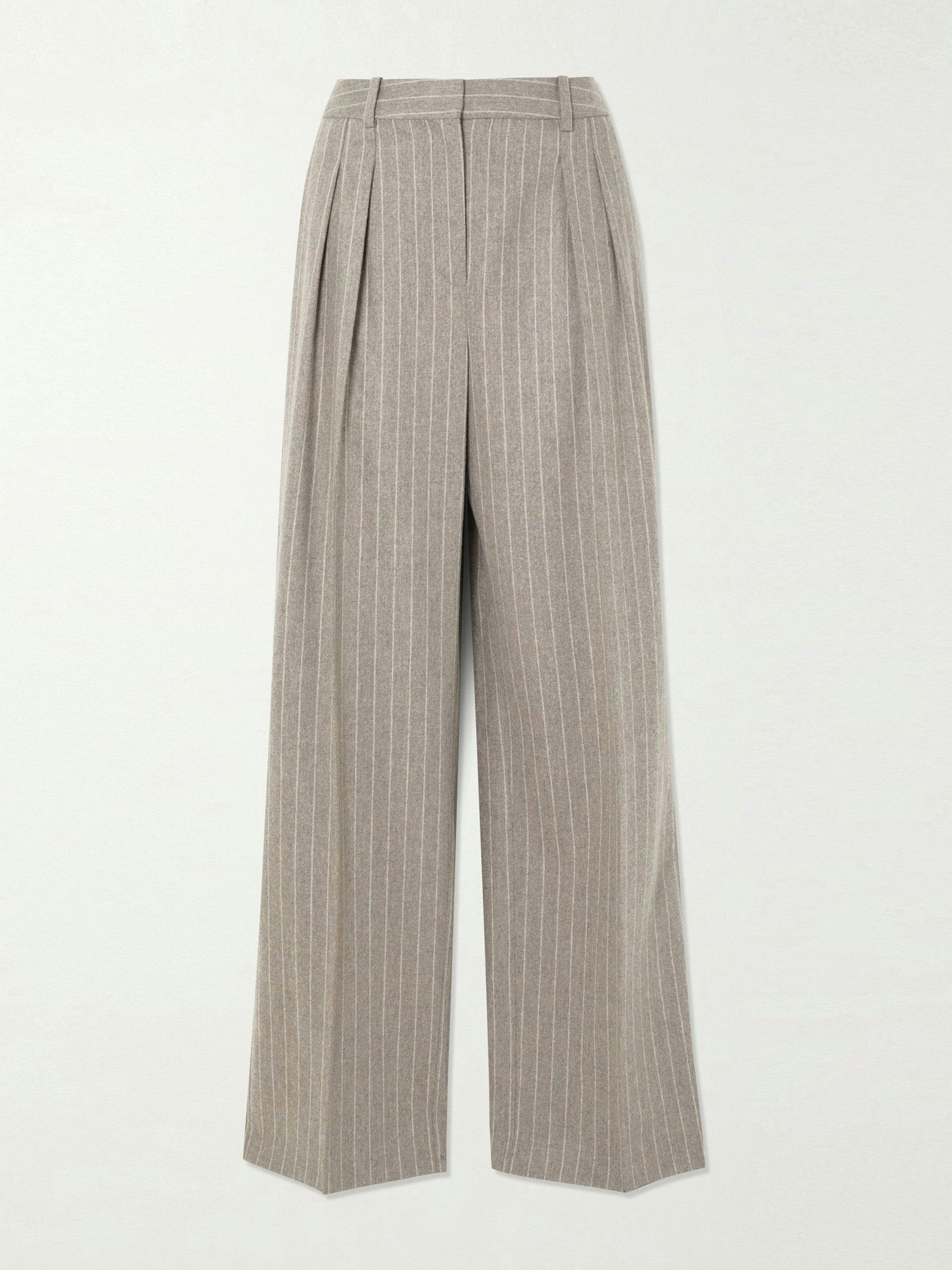 Beige pleated pinstriped wool and cashmere-blend wide-leg pants