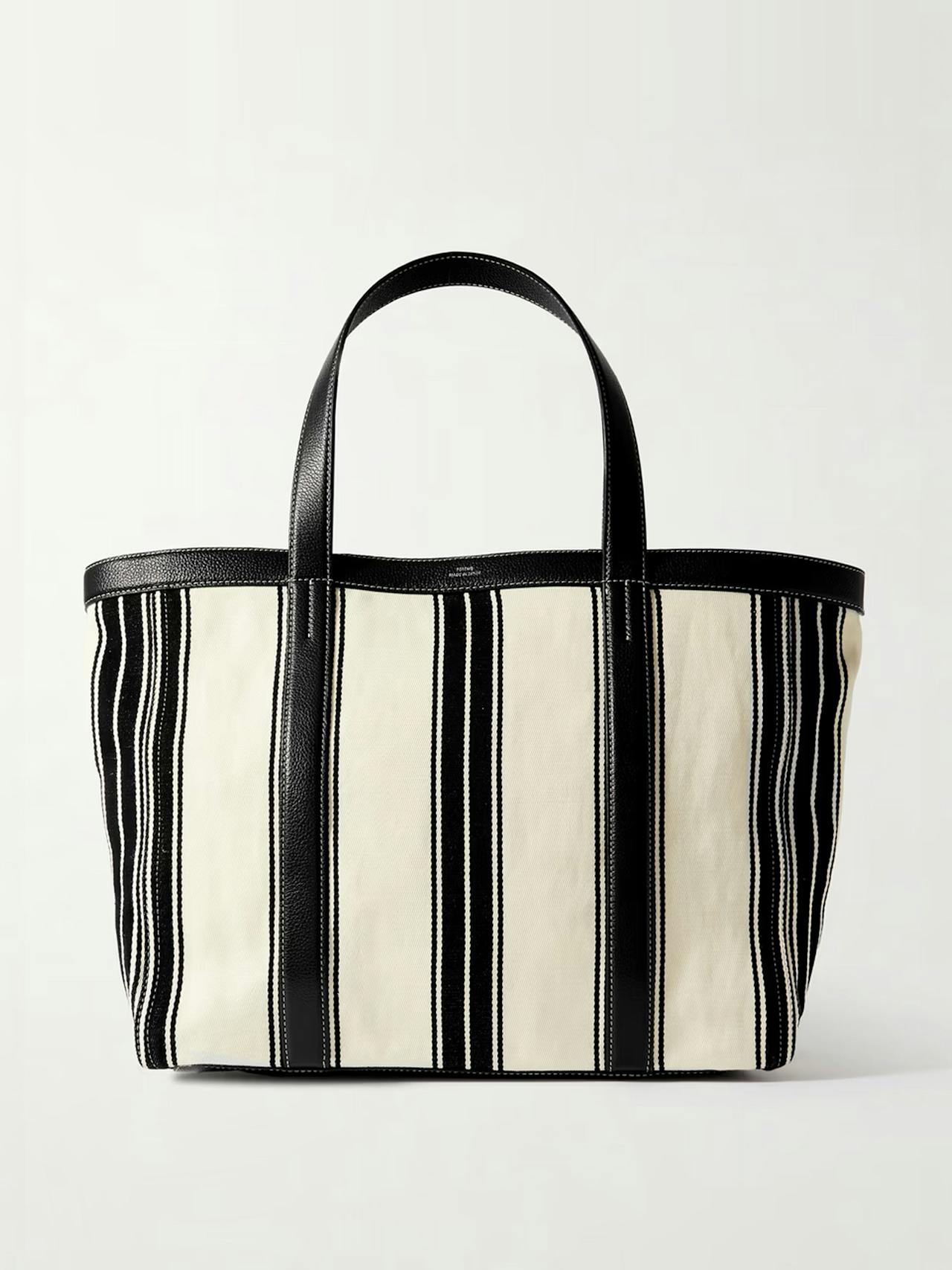 Large leather-trimmed striped canvas tote