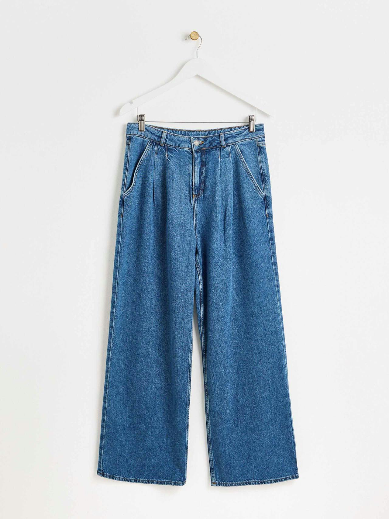 Blue pleated wide leg denim jeans