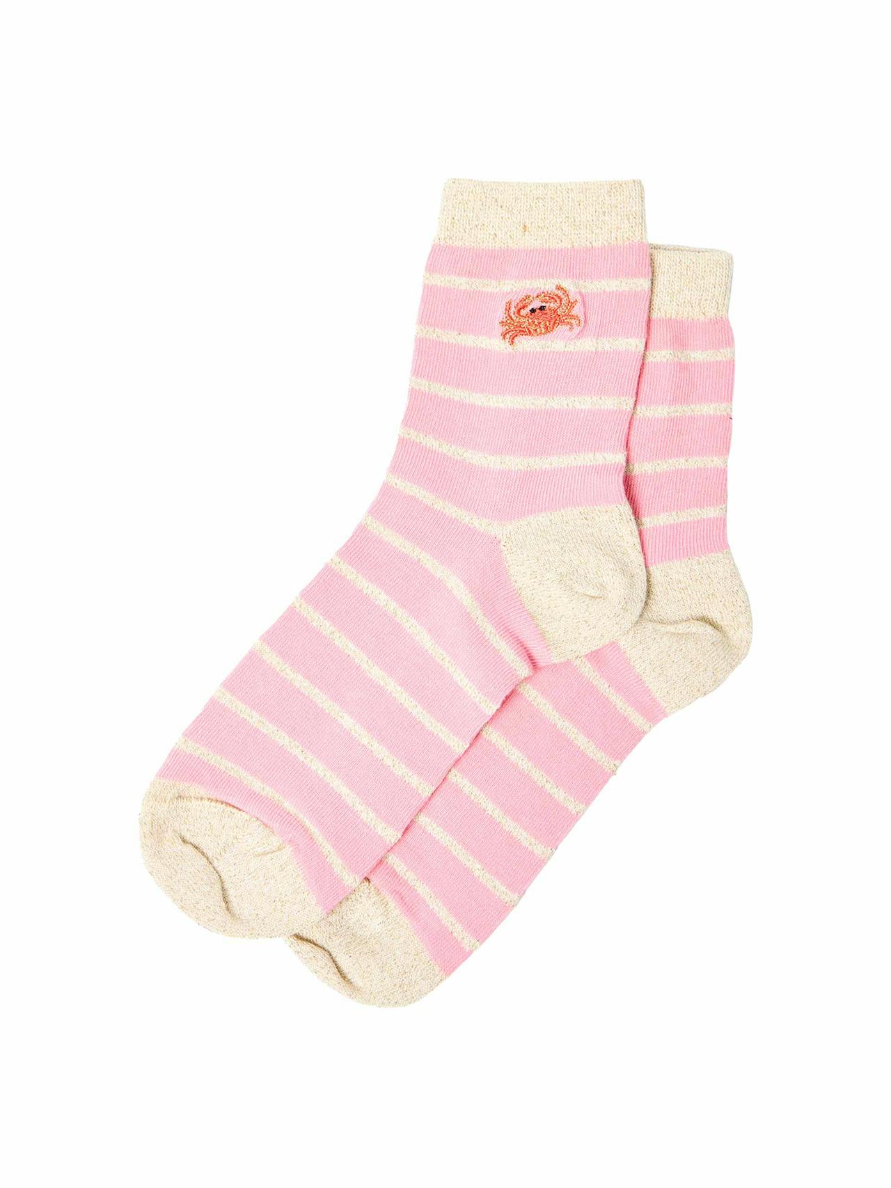 Embroidered crab pink stripe ankle socks