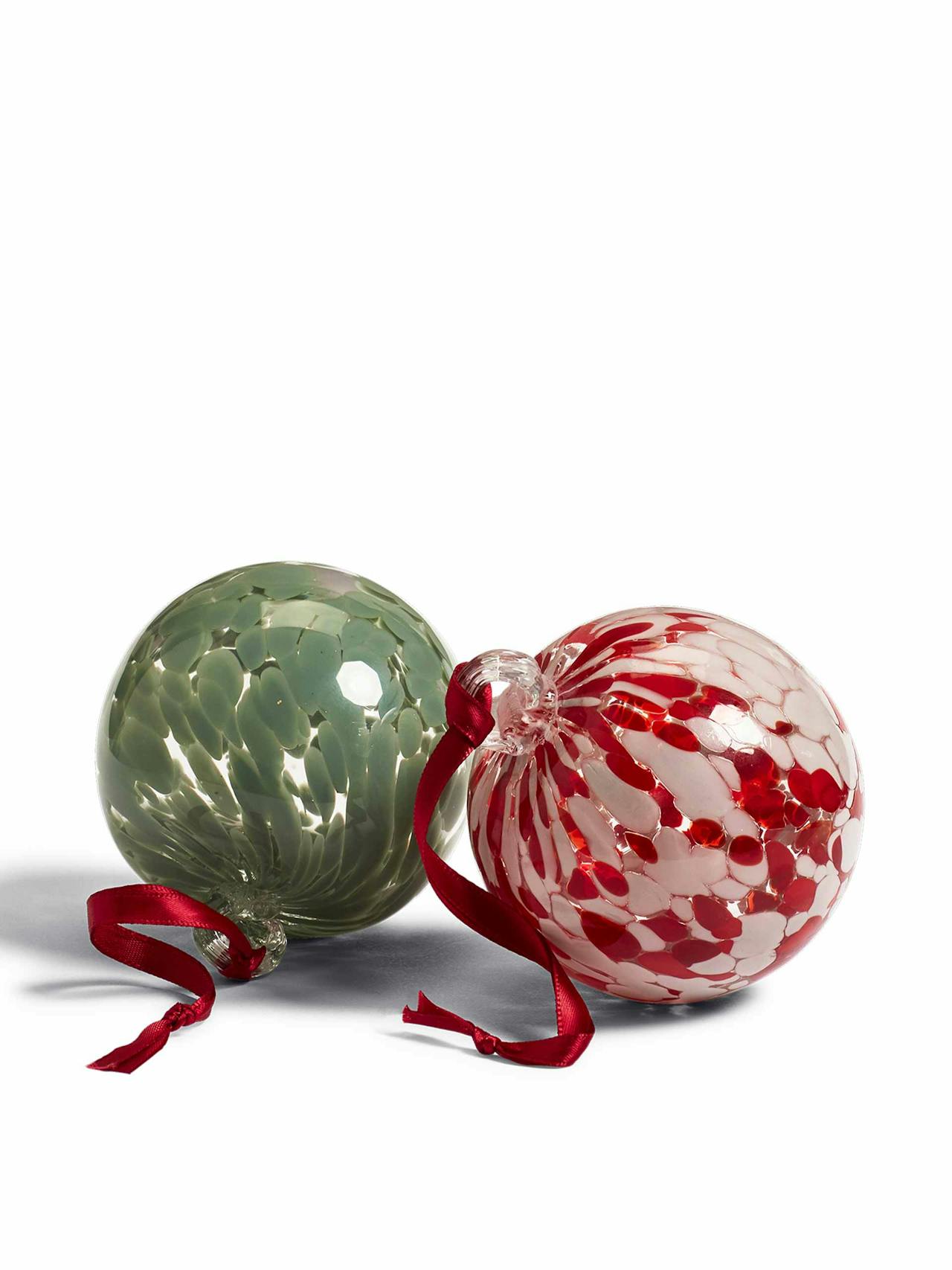Green and red glass baubles (set of two)