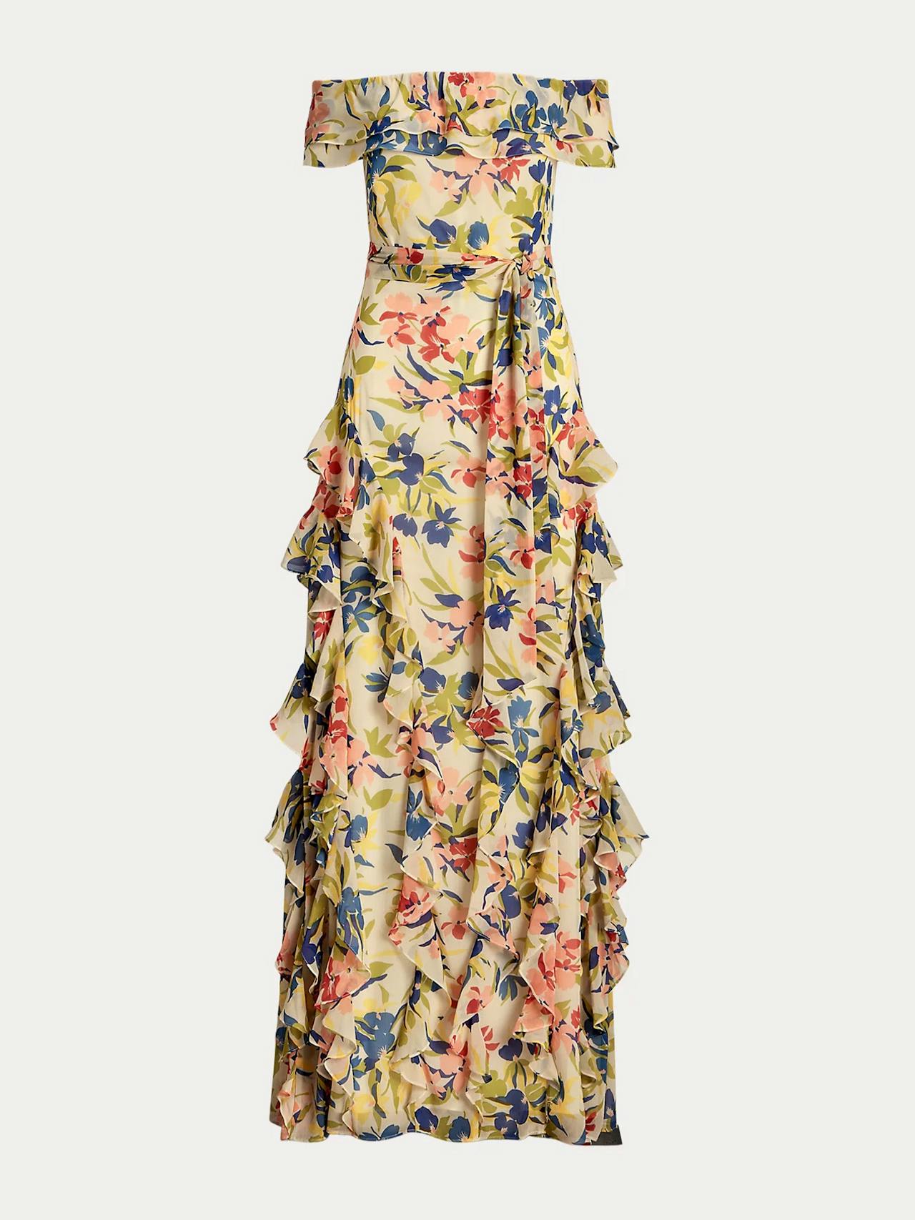 Floral georgette off-the-shoulder gown