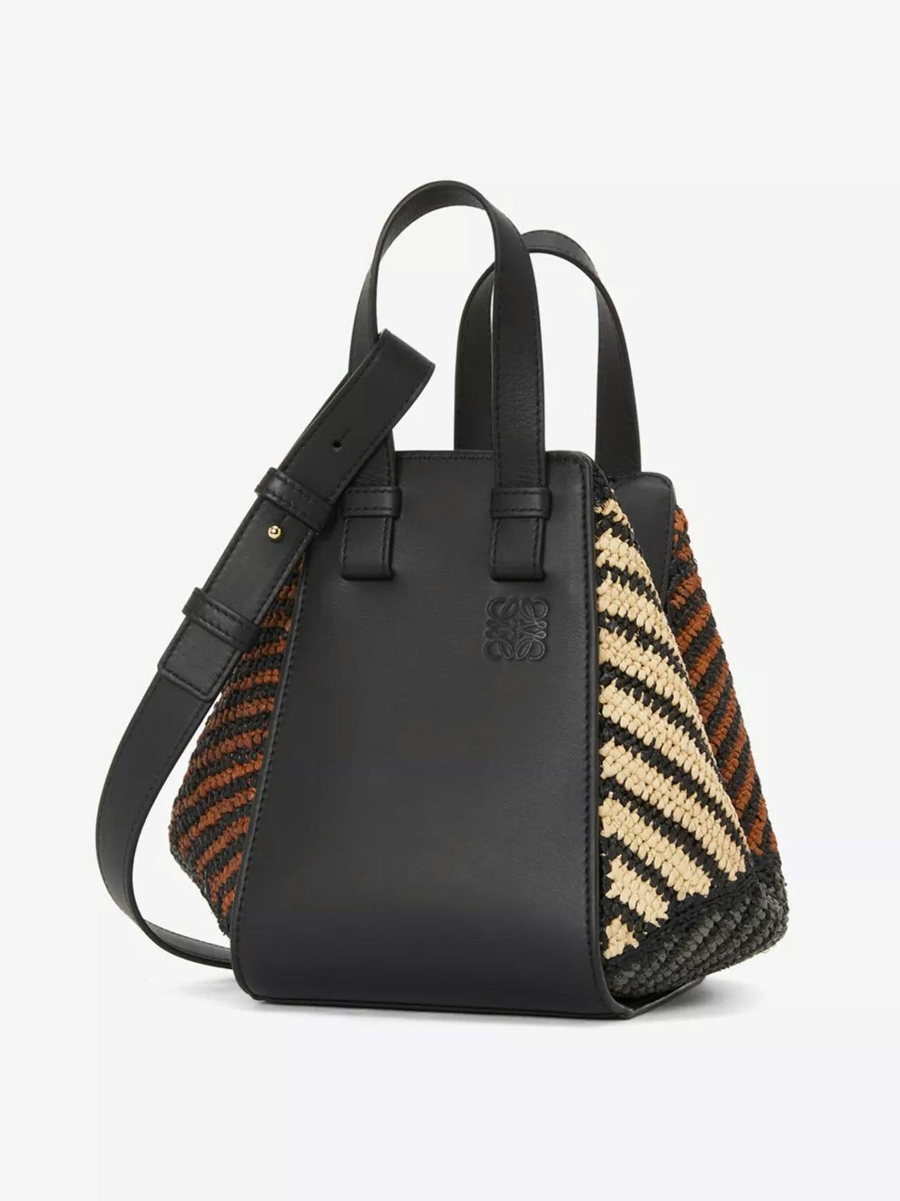 Hammock compact striped woven-raffia and leather shoulder bag