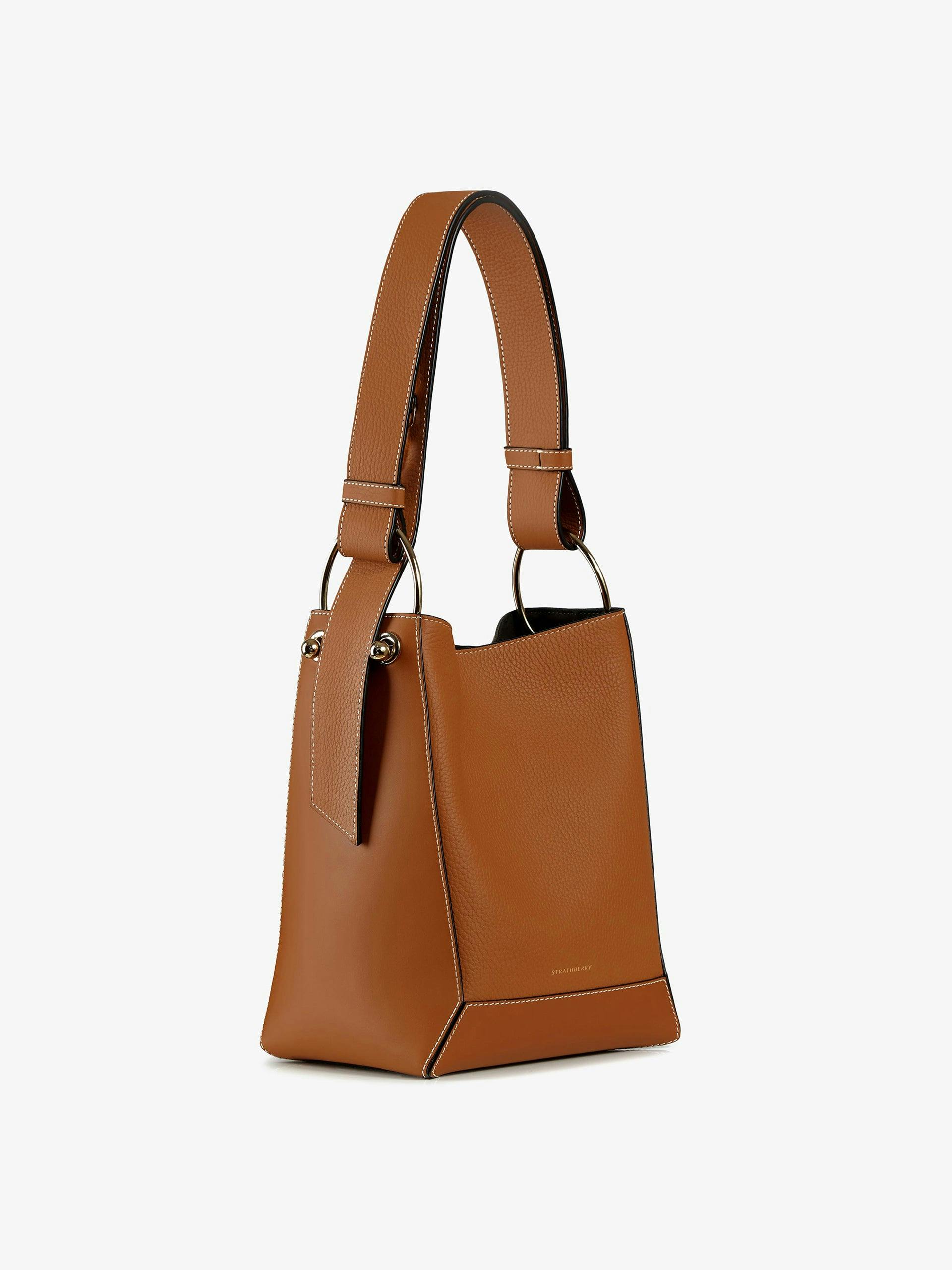 Lana Midi bucket bag in tan leather with white stitching