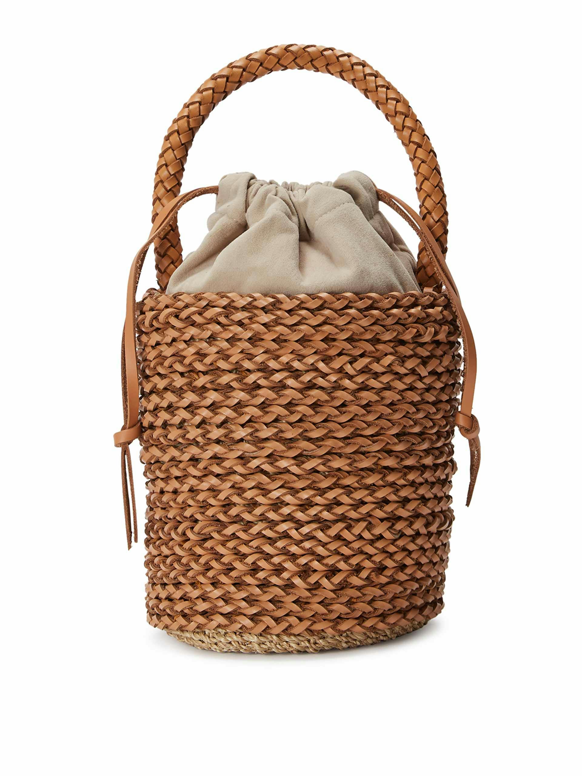 Brown woven leather bucket bag