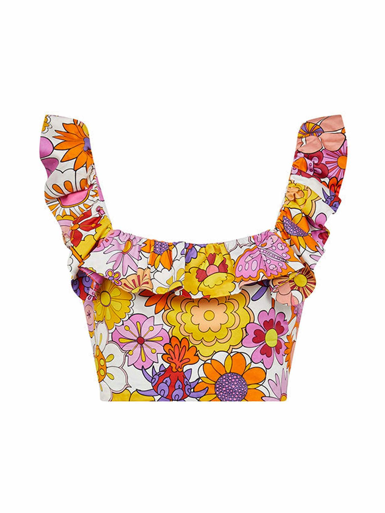 Jazz pink floral-print cotton crop top with frill