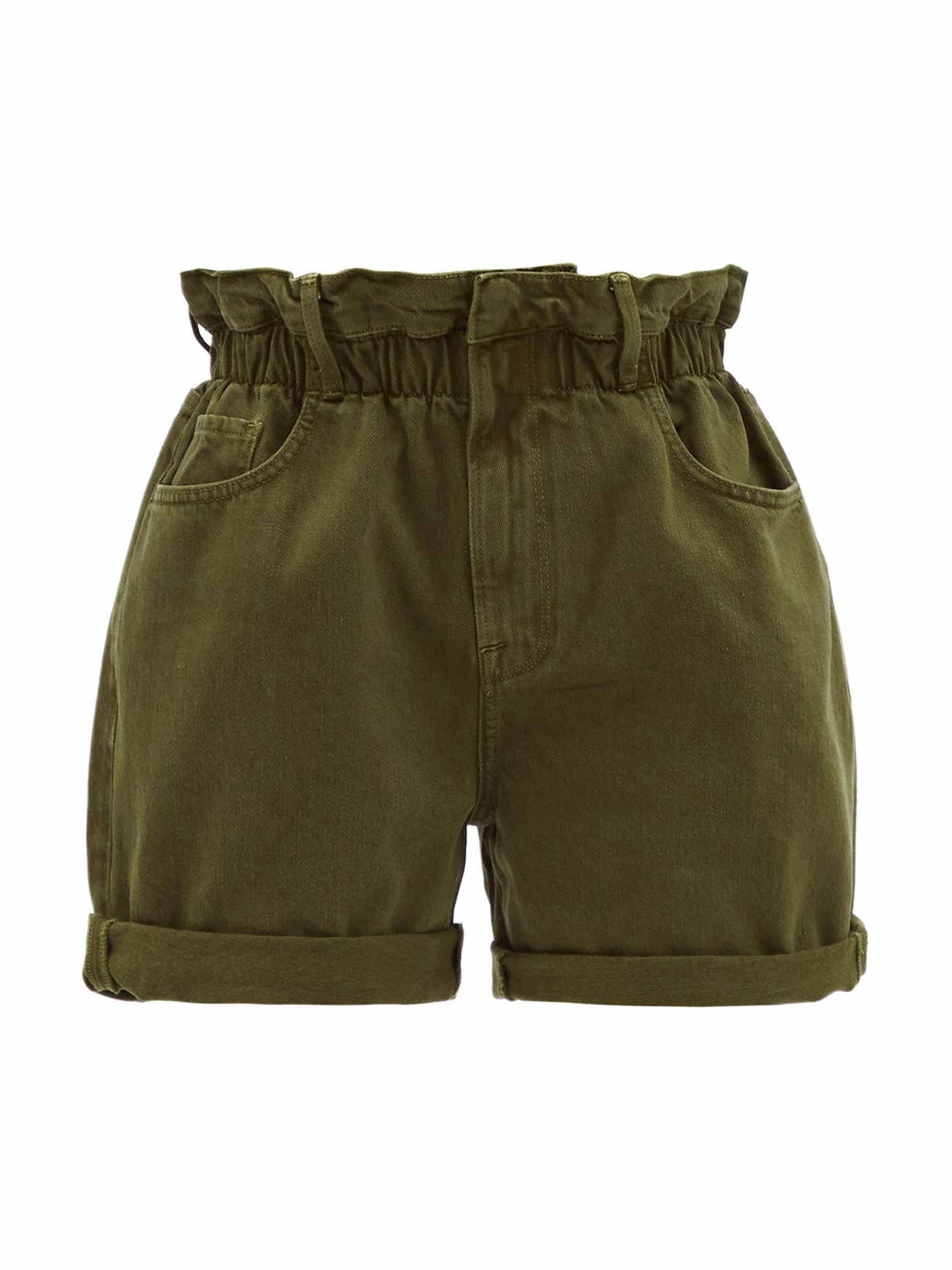 Green rolled-cuffs denim shorts