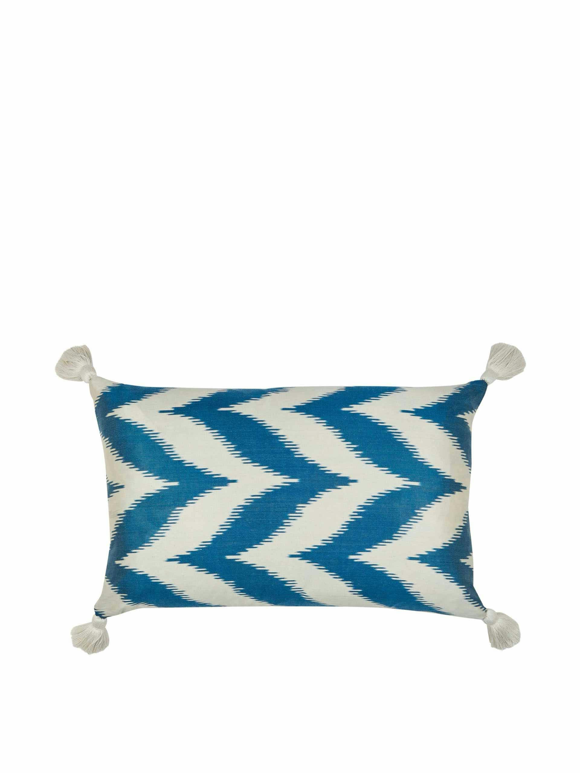 Limited edition wide blue zig zag silk cushion with natural linen reverse and white tassels