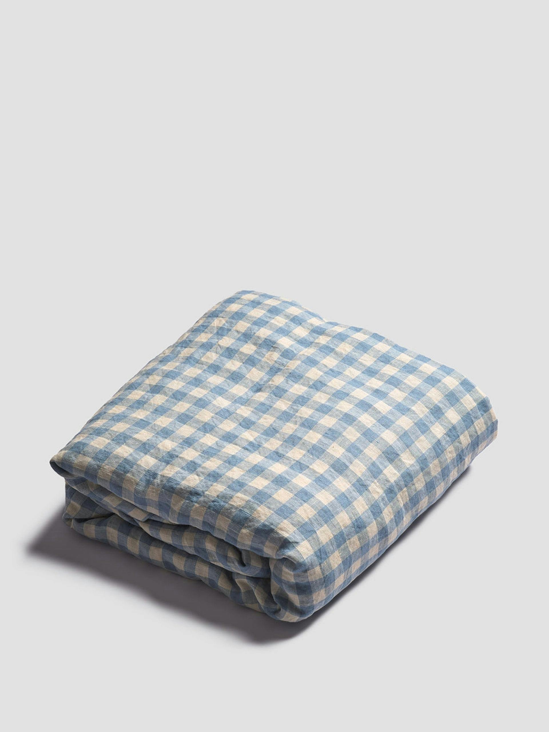 Warm blue gingham linen fitted sheet