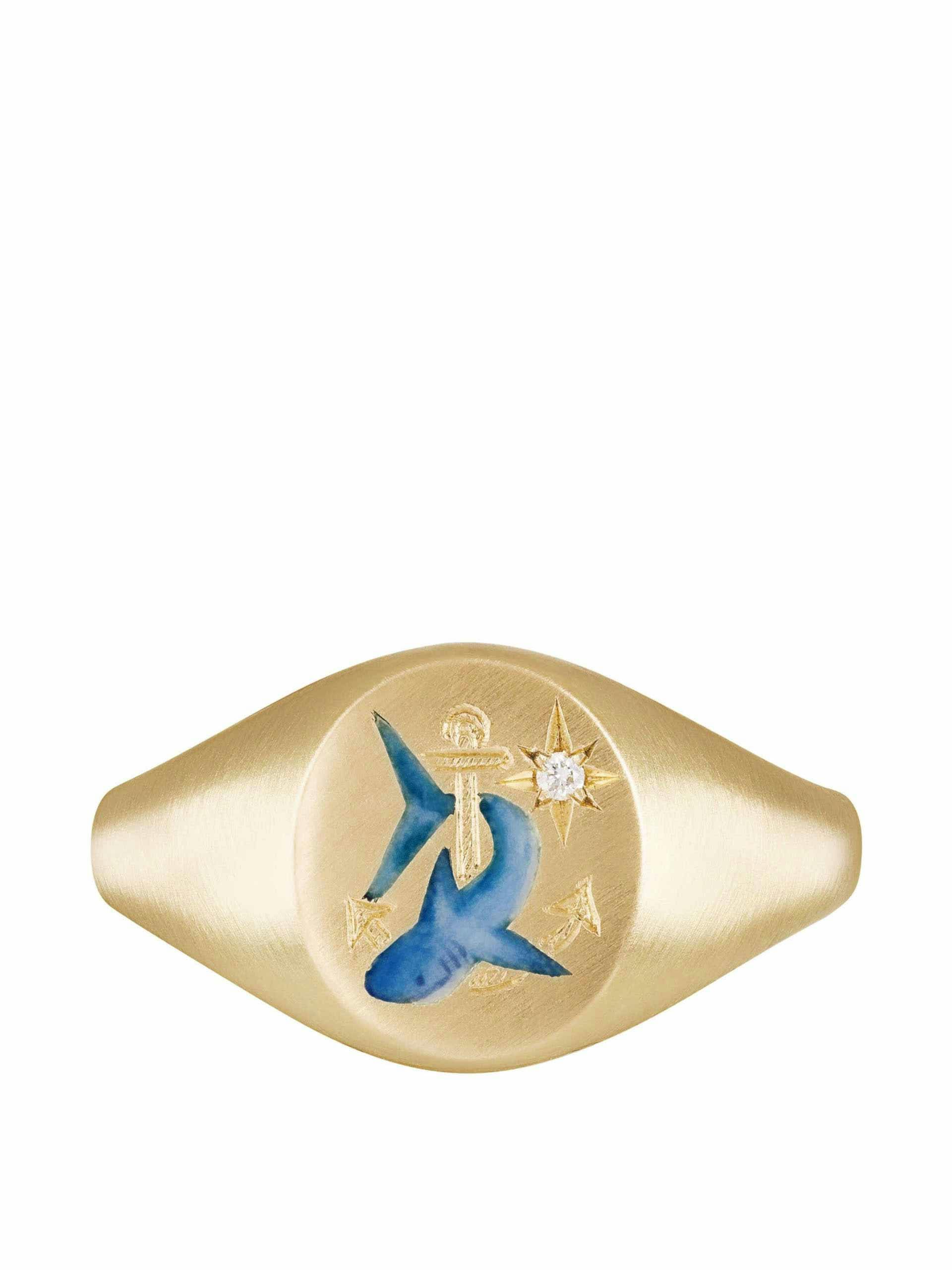 Shark & anchor gold hand-painted enamel ring