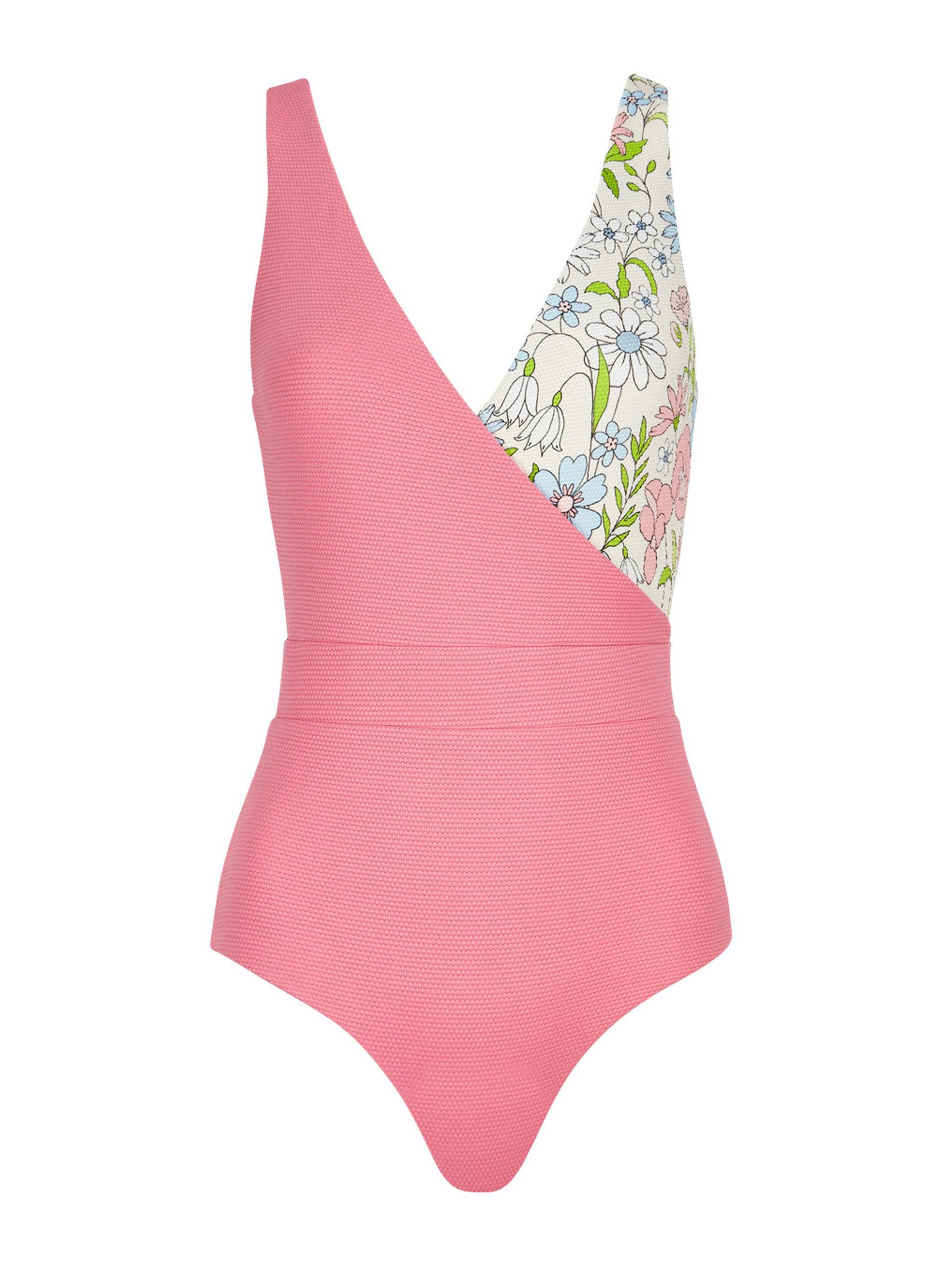 Asymmetric pink and summer meadow Ashley wrap-over swimsuit