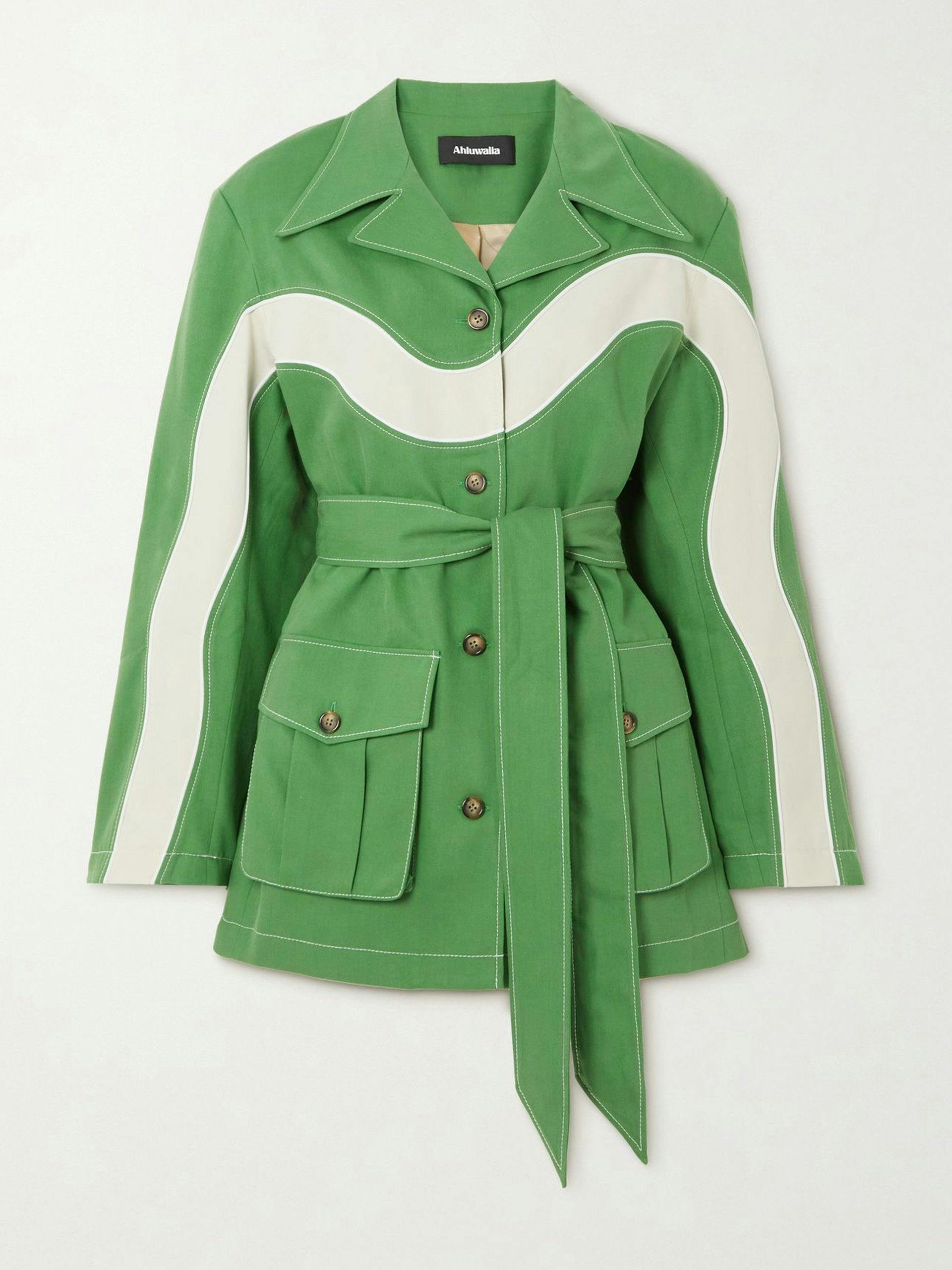 Green and white belted jacket