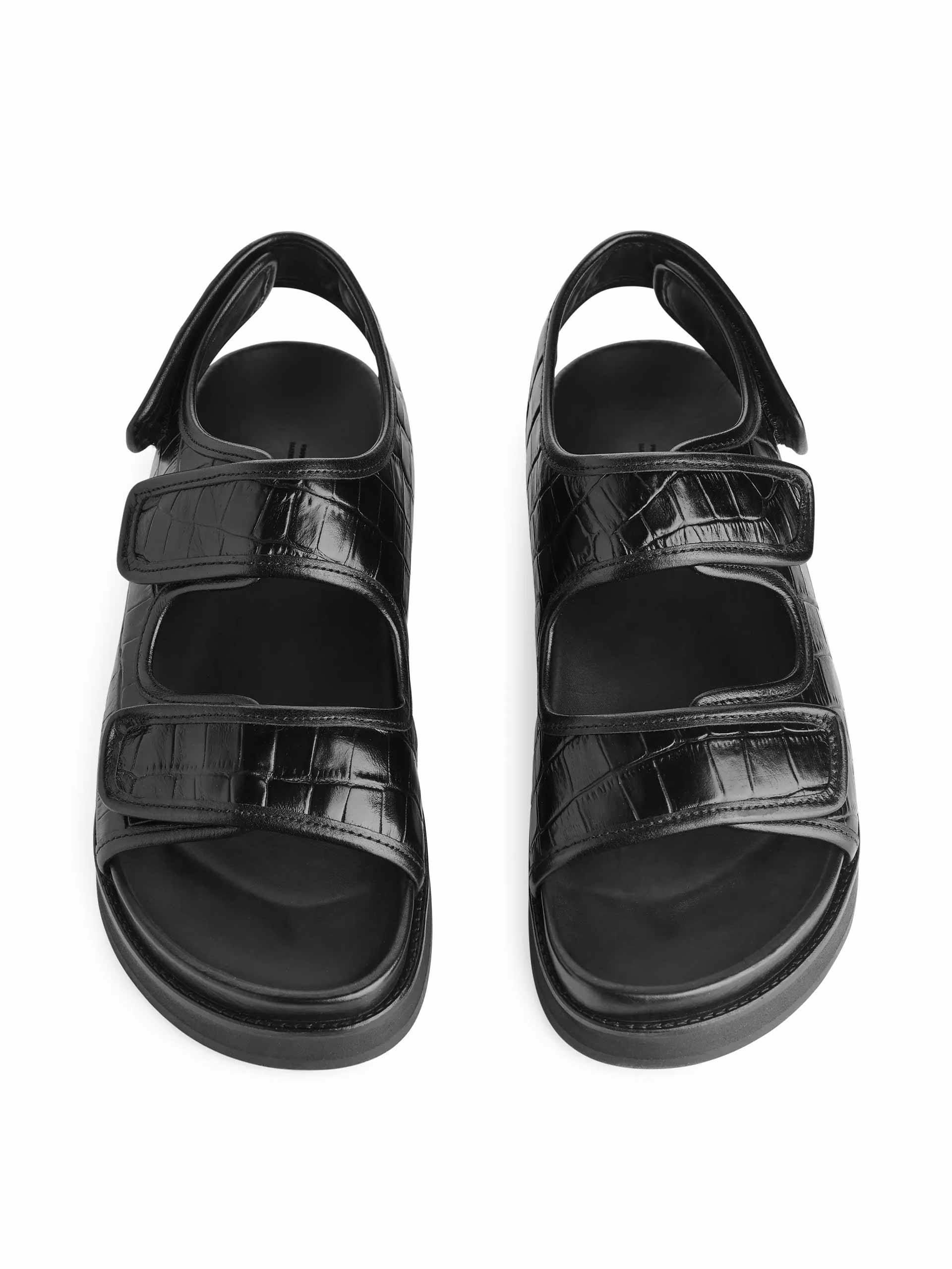 Black chunky crocodile leather sandals