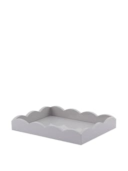 Small grey scalloped straight sided ottoman tray by Addison Ross. Finished in high gloss lacquer. Perfect tea or display tray with cream base | Collagerie.com