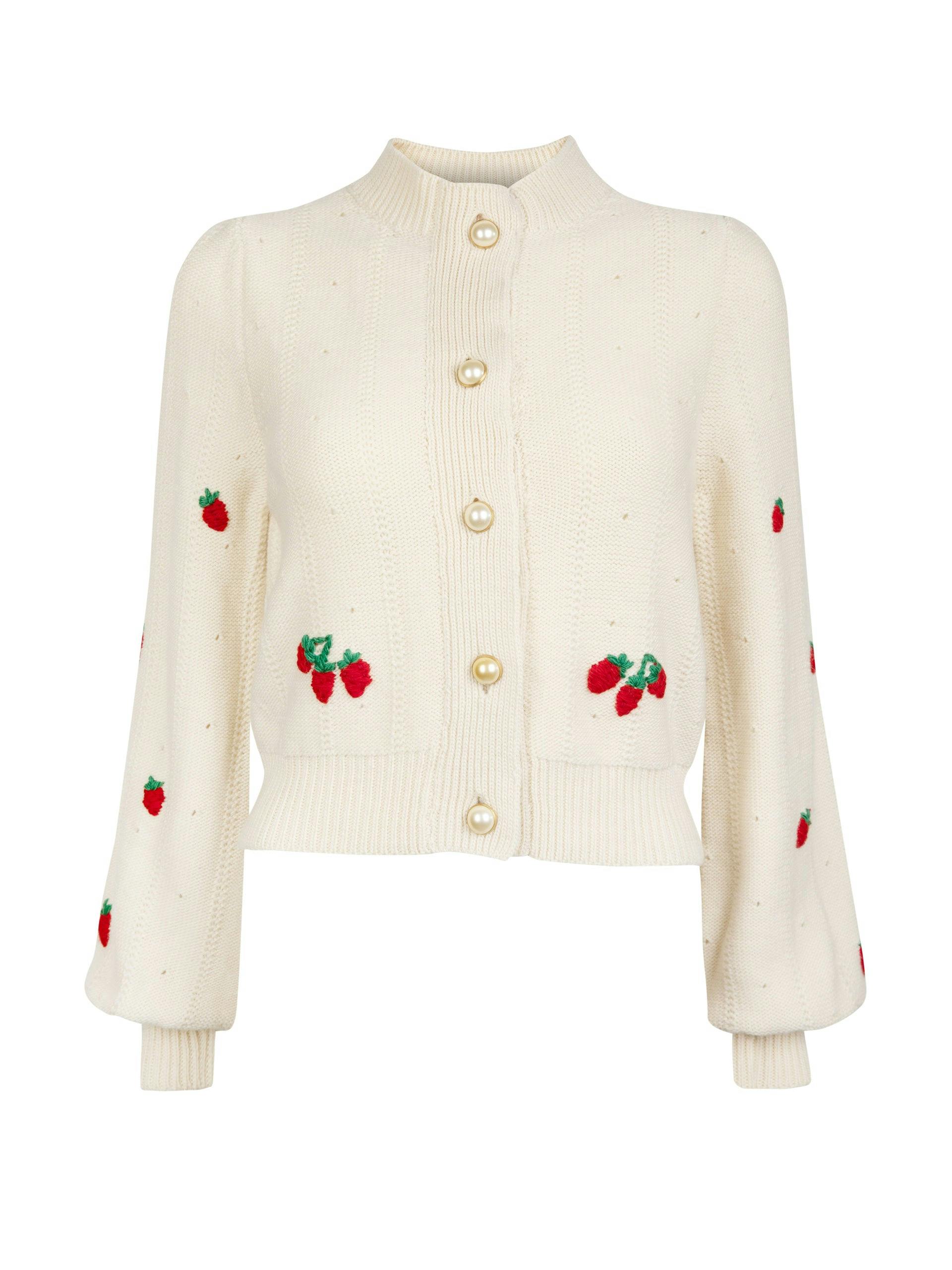 Cream strawberry embroidered cardigan