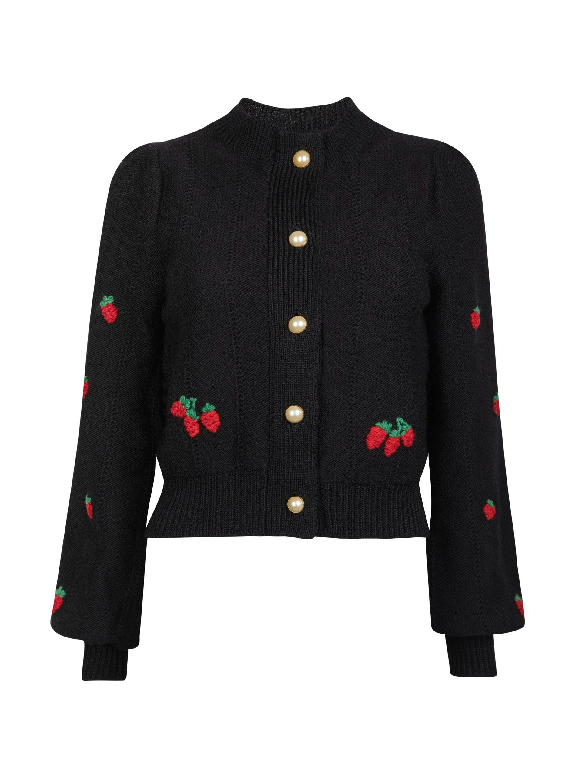 Black strawberry embroidered cardigan