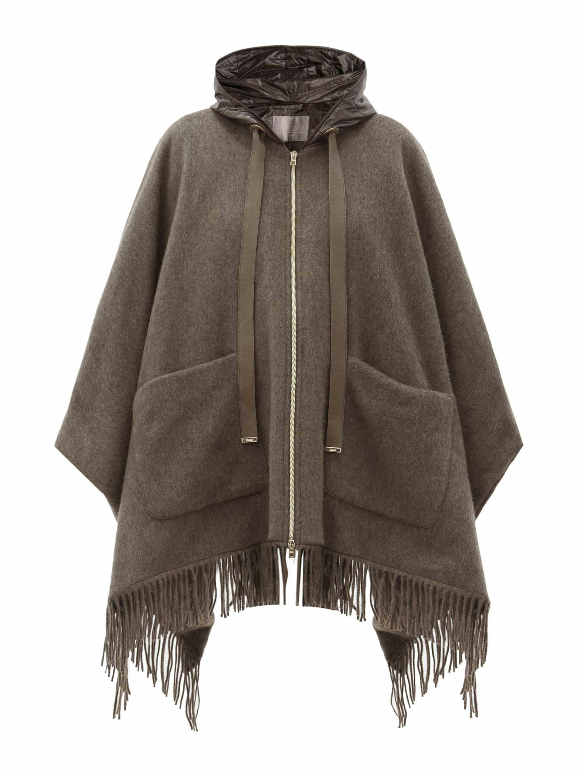 Hooded shell-lined wool cape