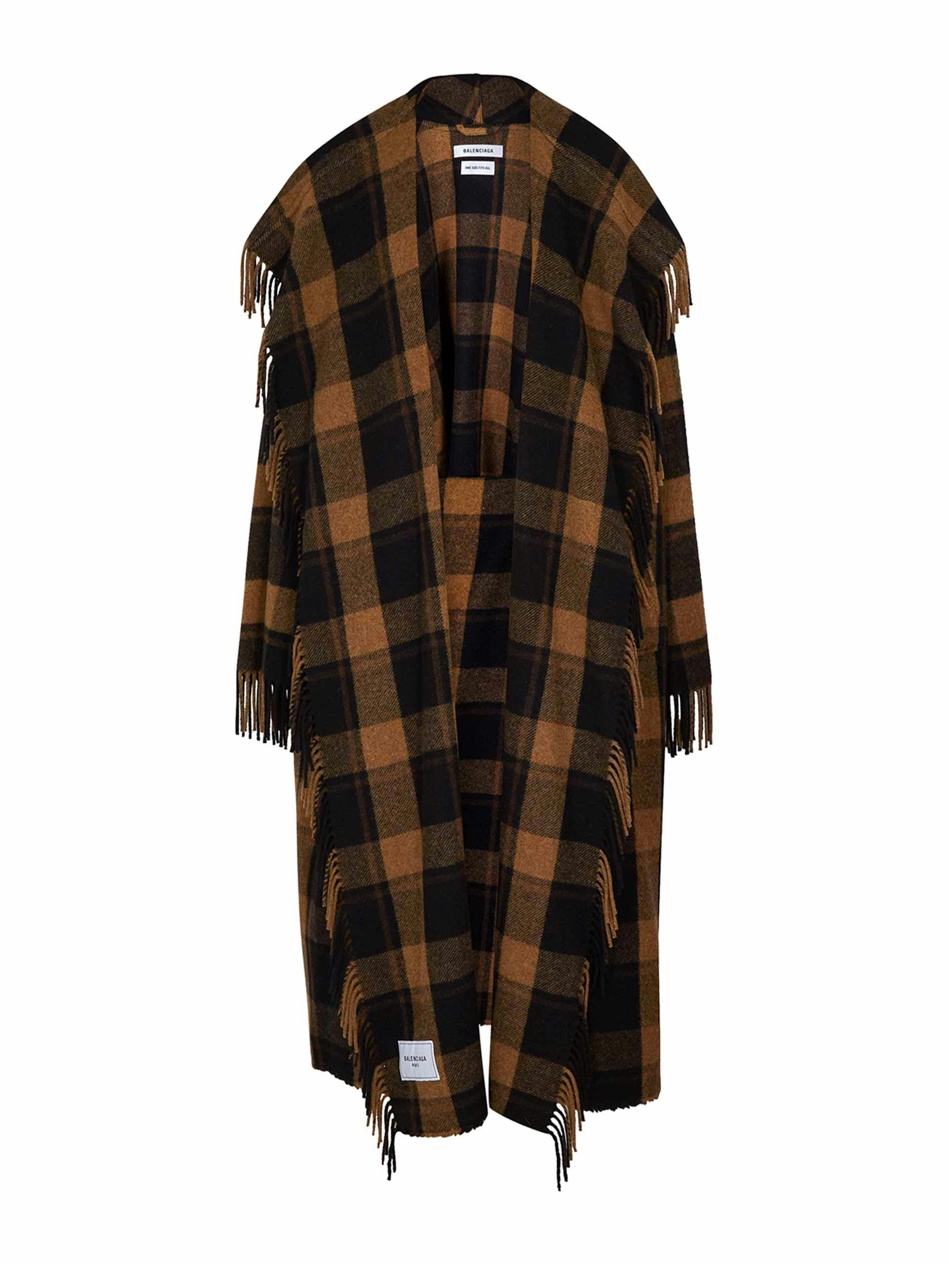 Checked wool-blend blanket coat