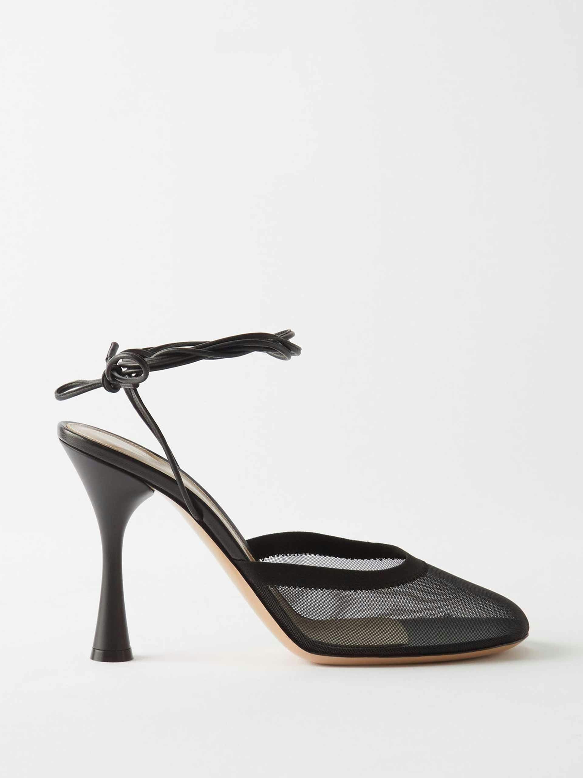 Mesh wraparound leather-trimmed pumps