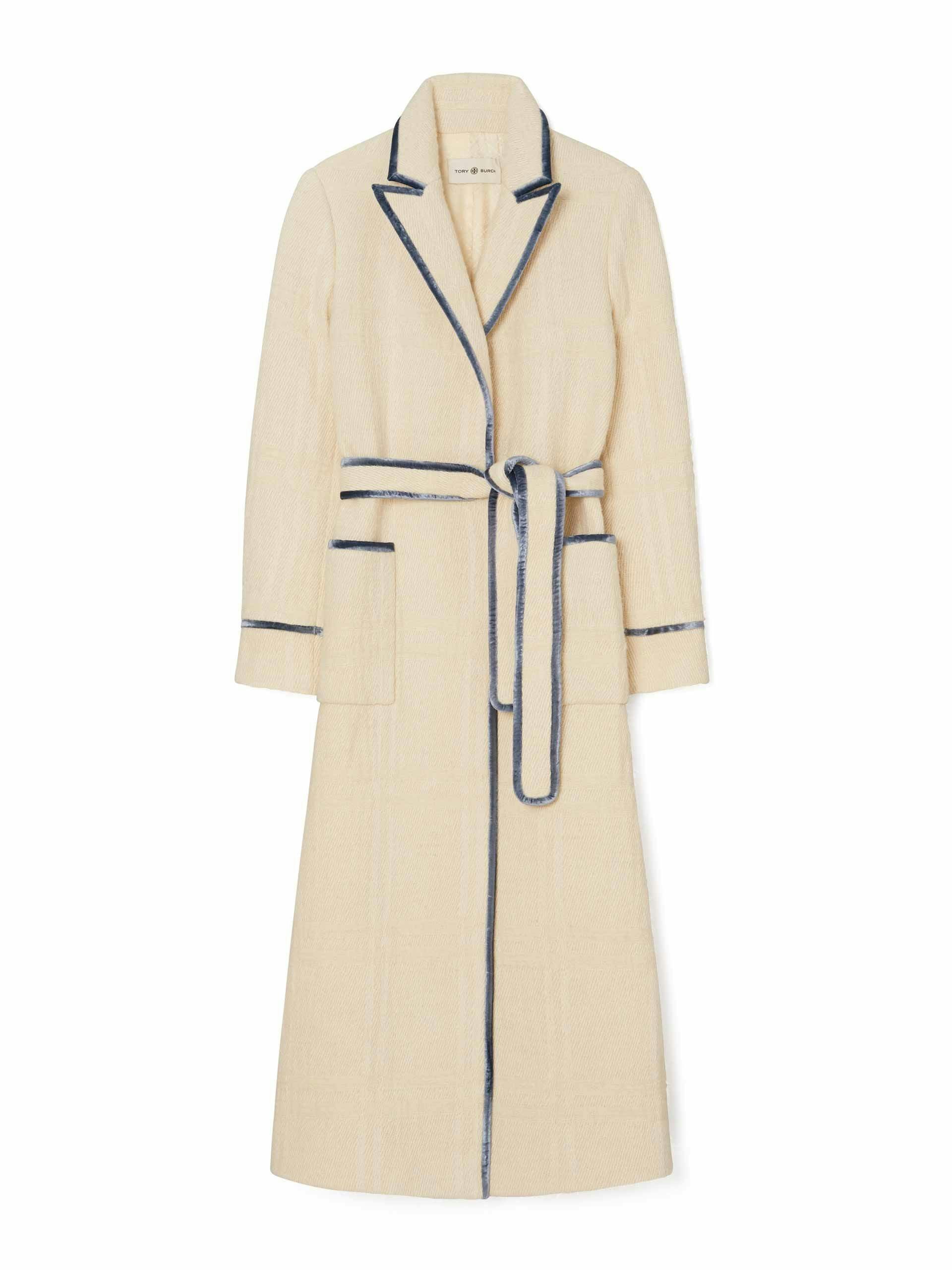 Velvet-trim wool wrap coat