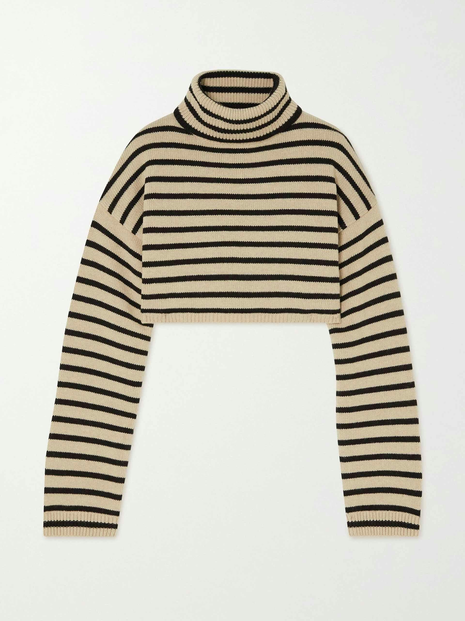 Cropped striped wool-blend turtleneck sweater