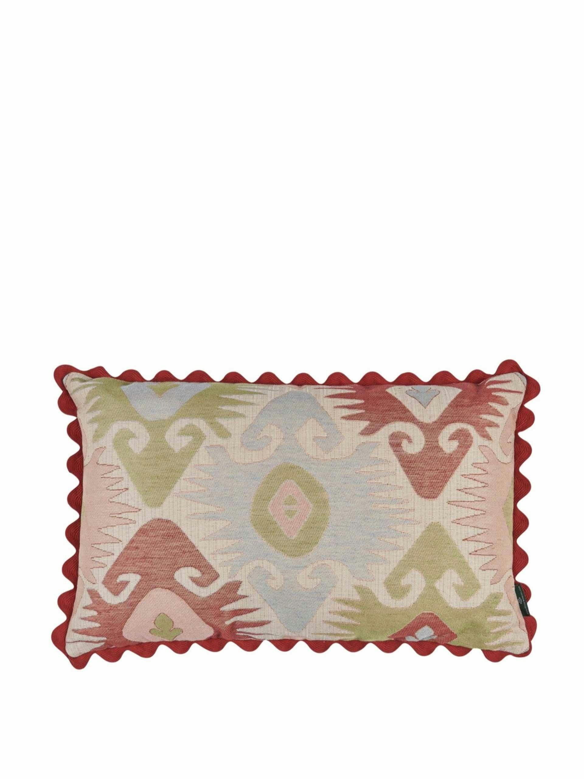 Limited edition patterned cushion with red wavy trim