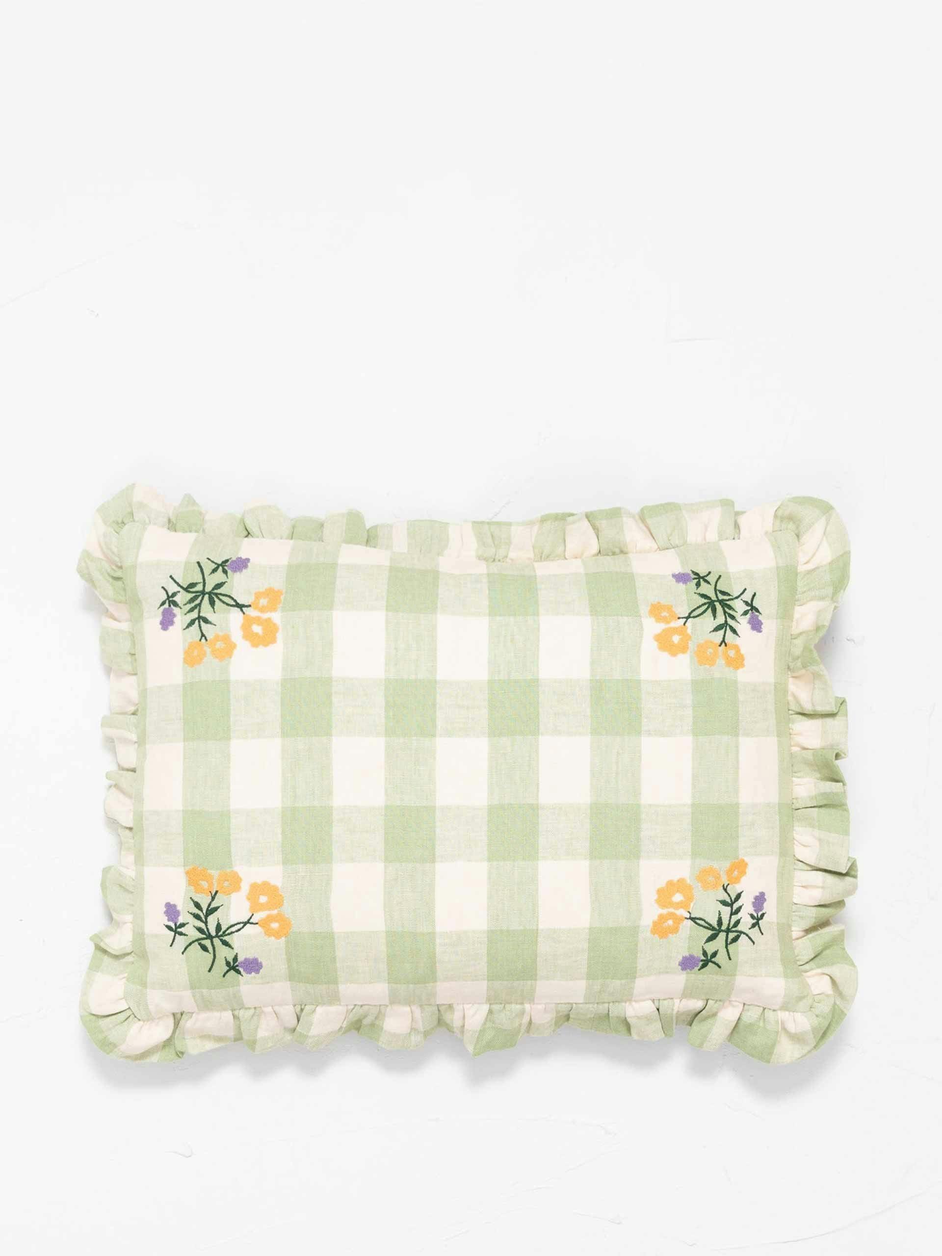 Green gingham frilly cushion