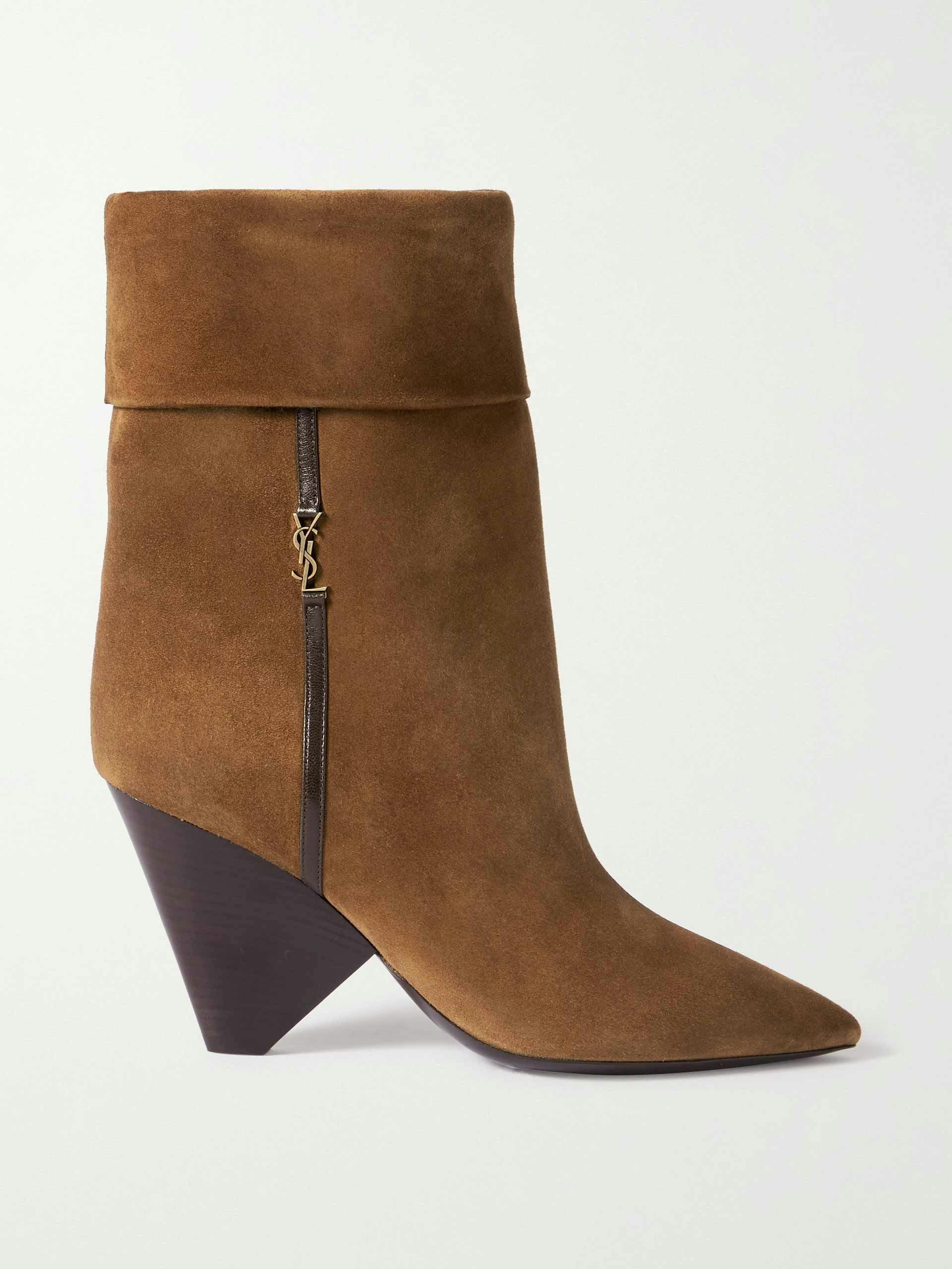 Brown leather-trimmed suede ankle boots