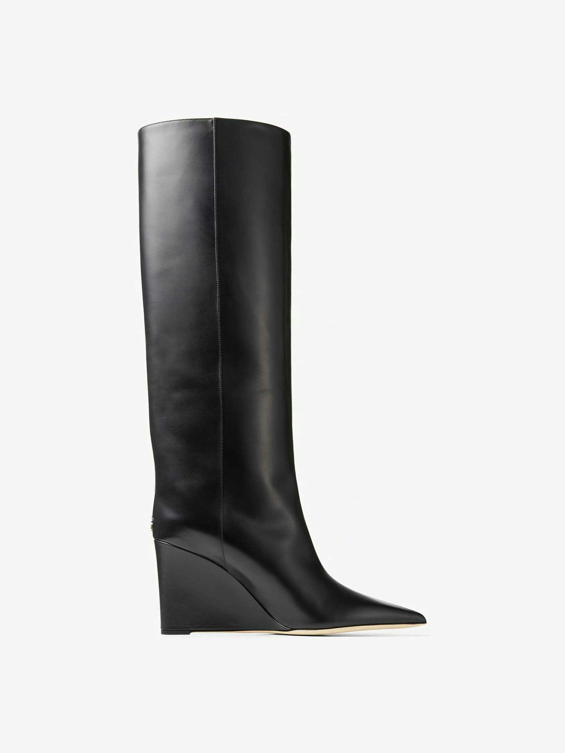Black leather wedge knee-high boots