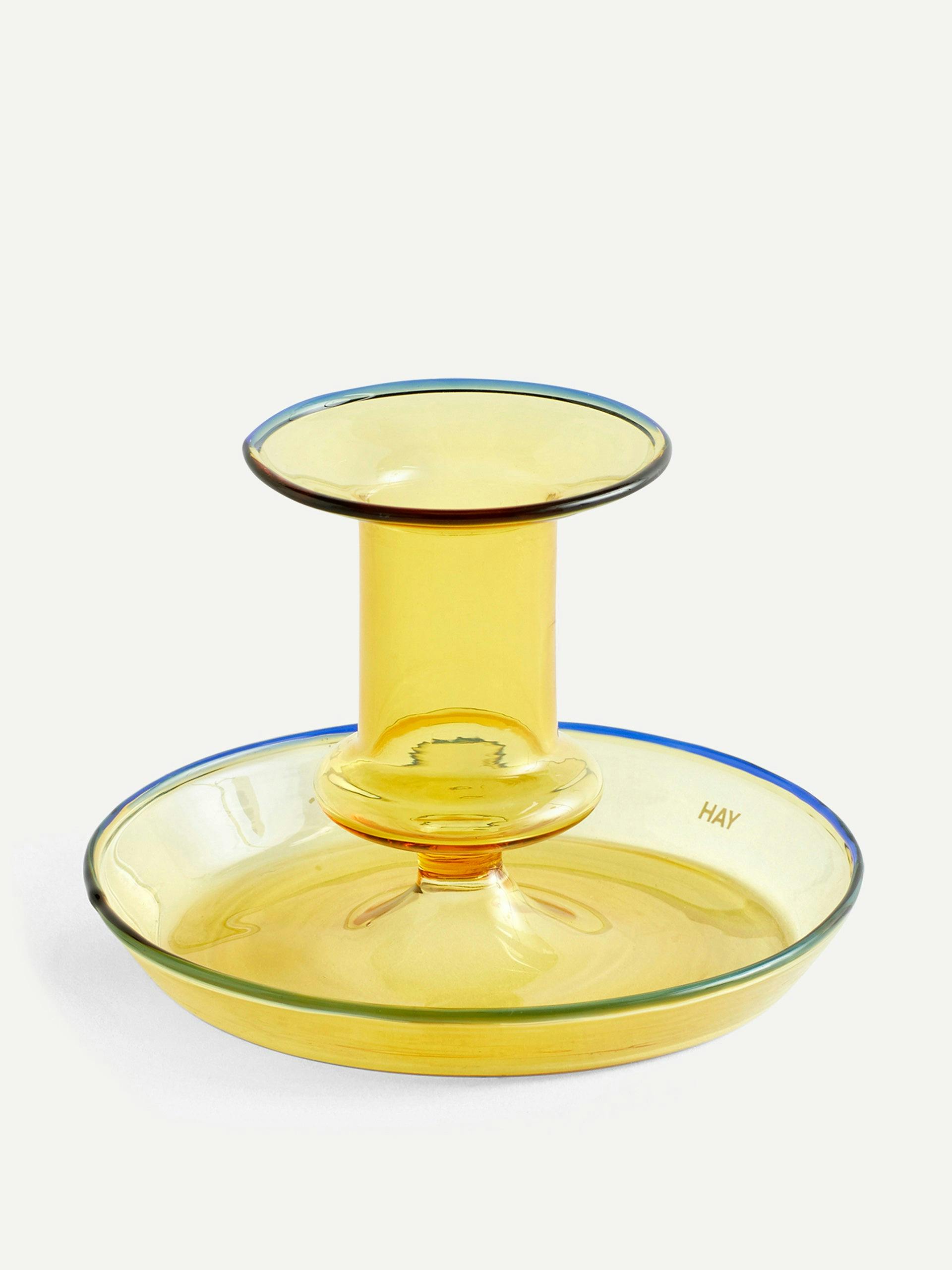 Flare glass yellow candle holder with blue rimming