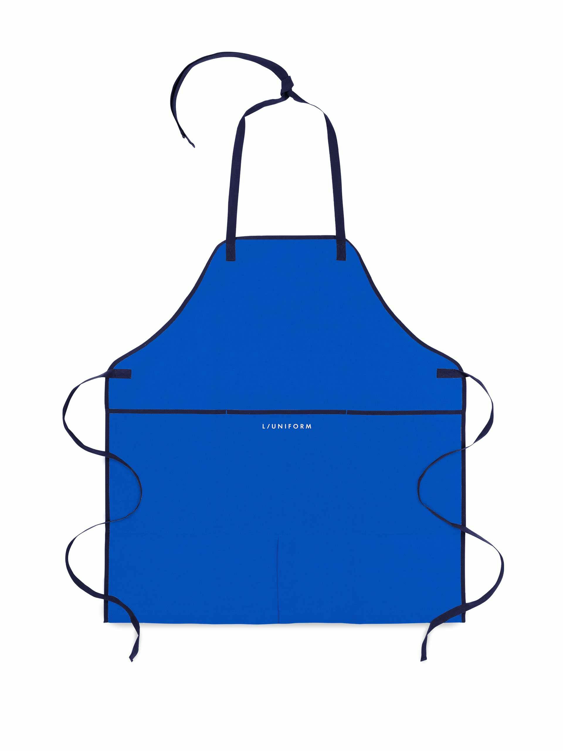 Blue canvas apron with navy strap