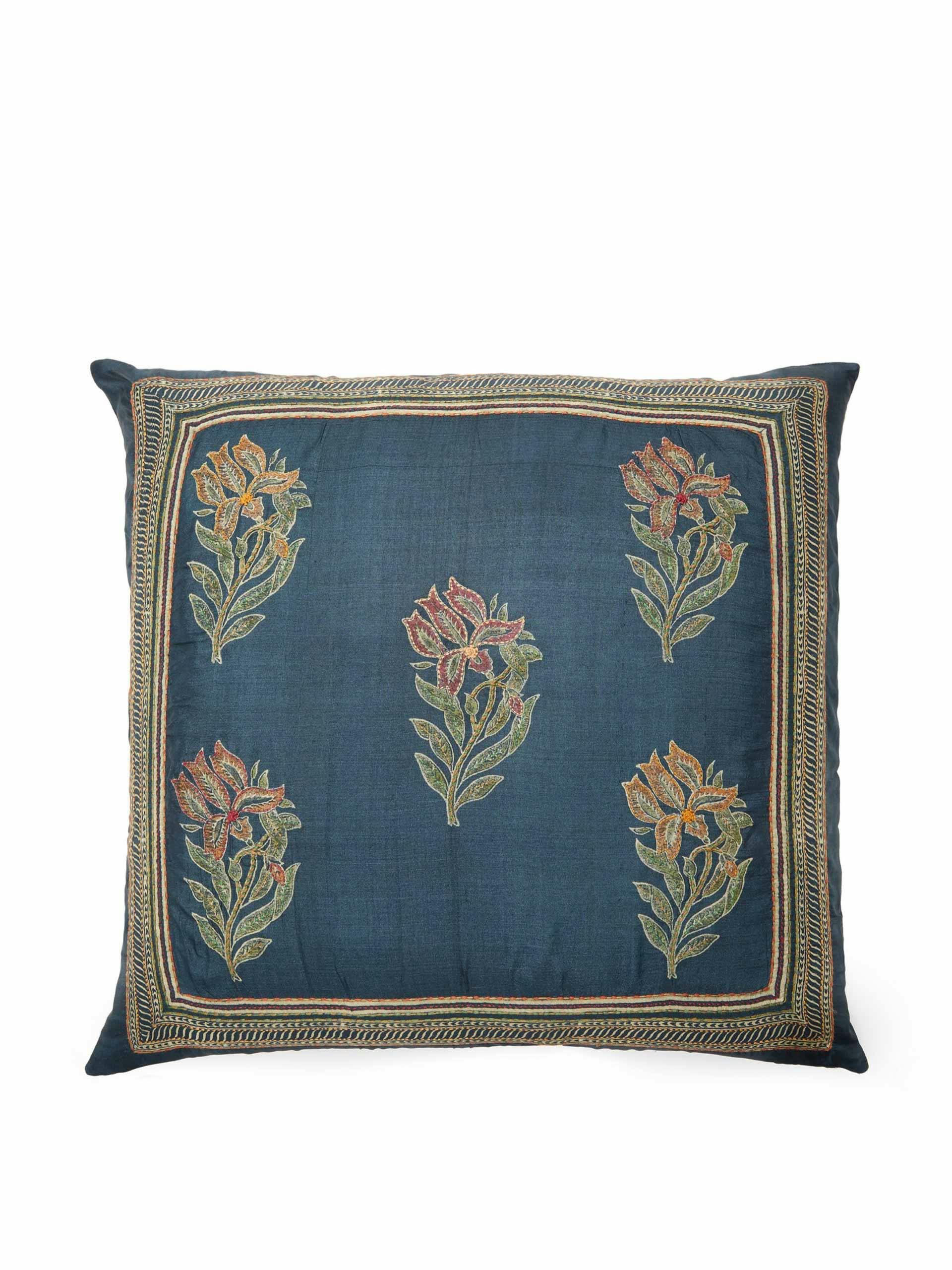 Lily-embroidered silk pillow