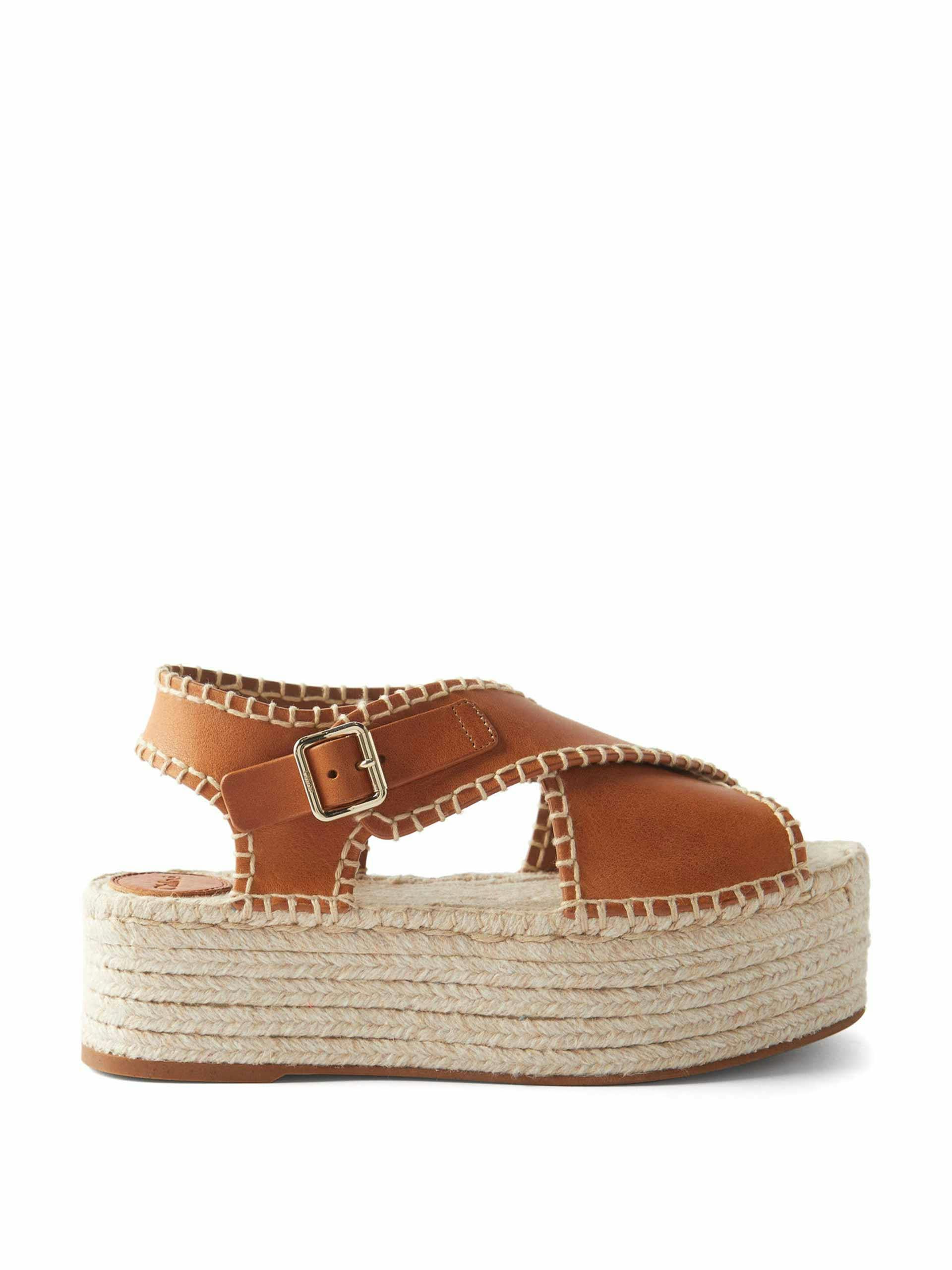 Top-stitched brown leather espadrille wedges