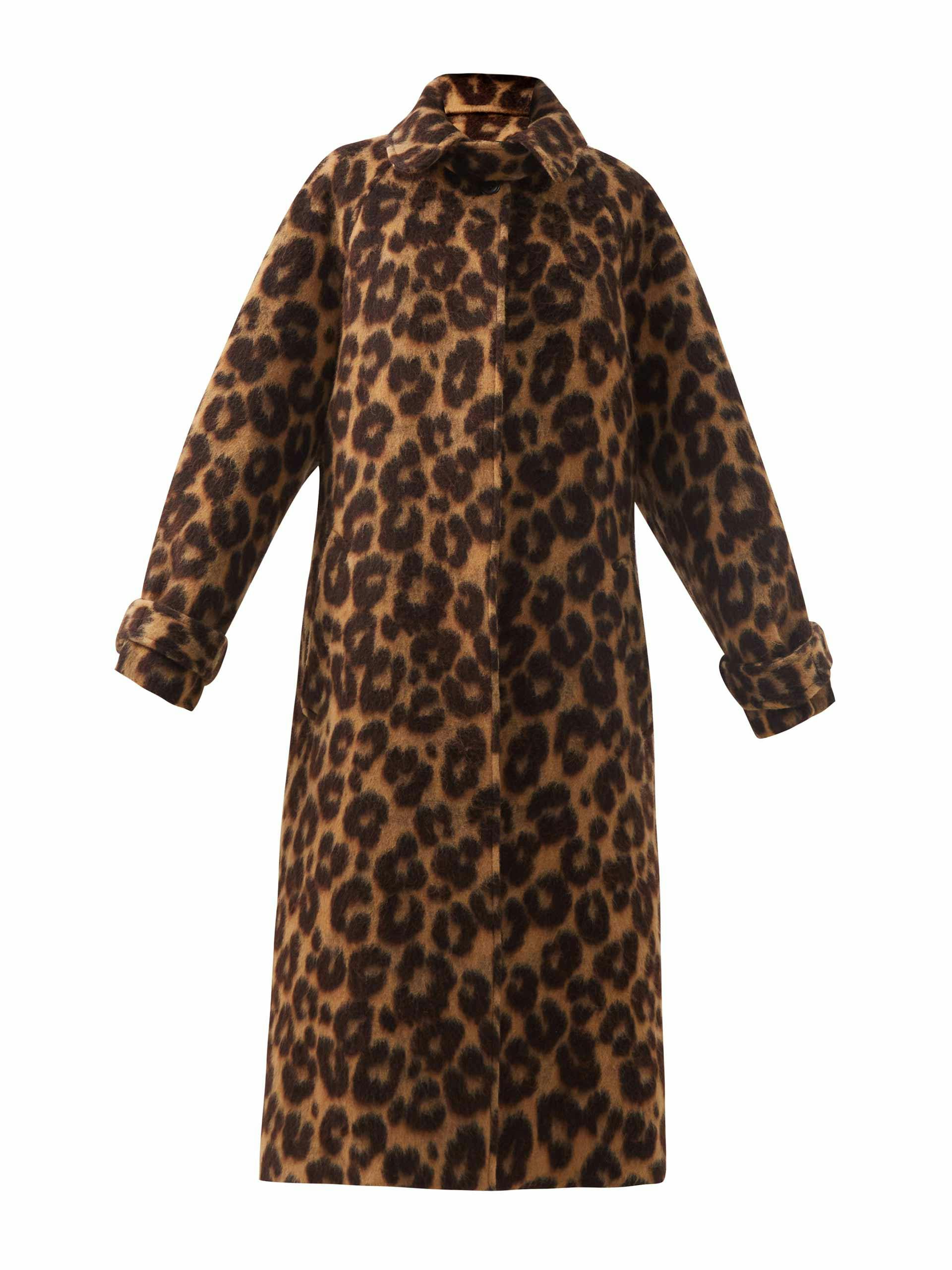 Leopard-print belted raglan-sleeve wool-blend coat