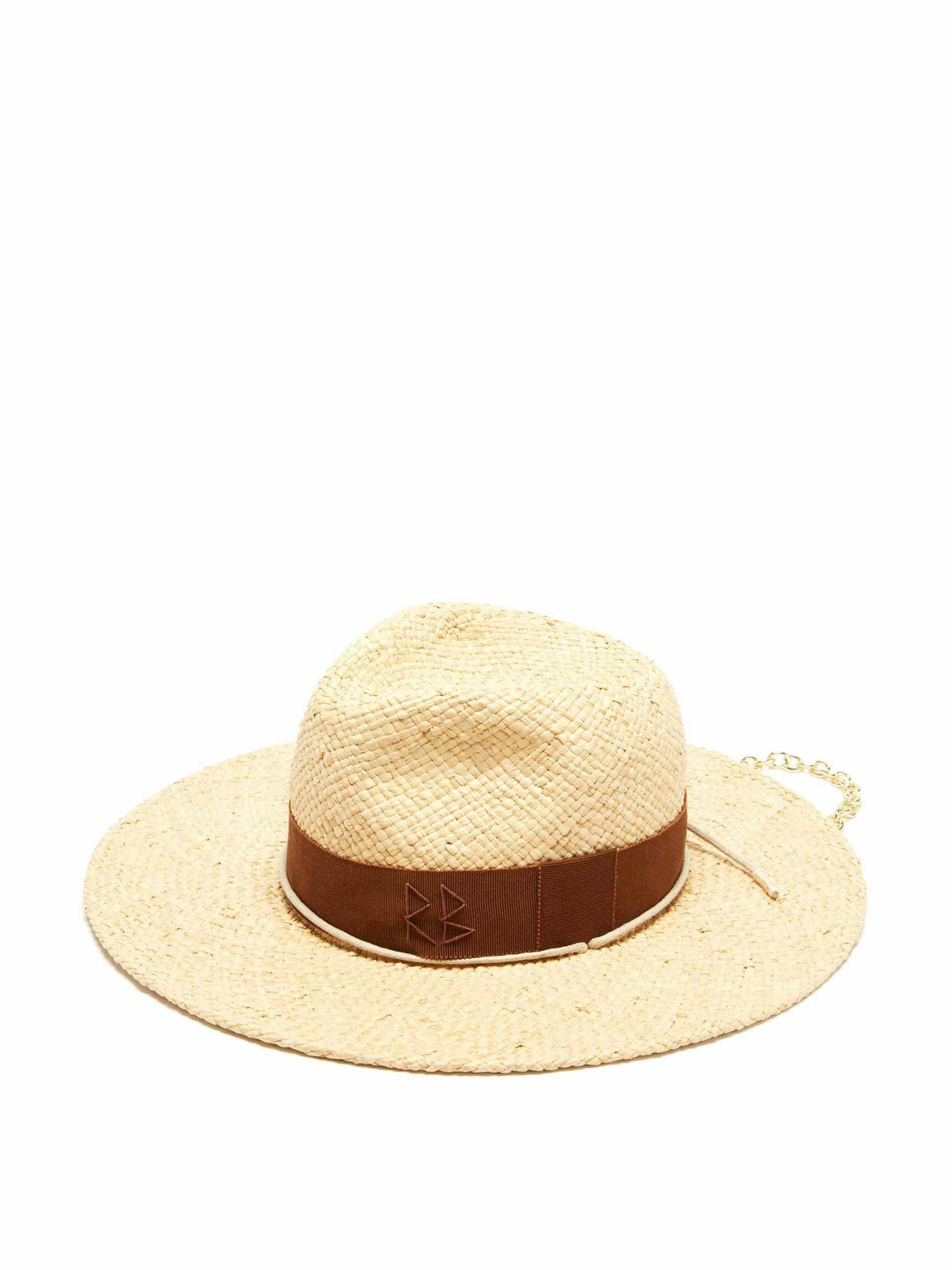 Chain-strap ribbon-trimmed straw hat