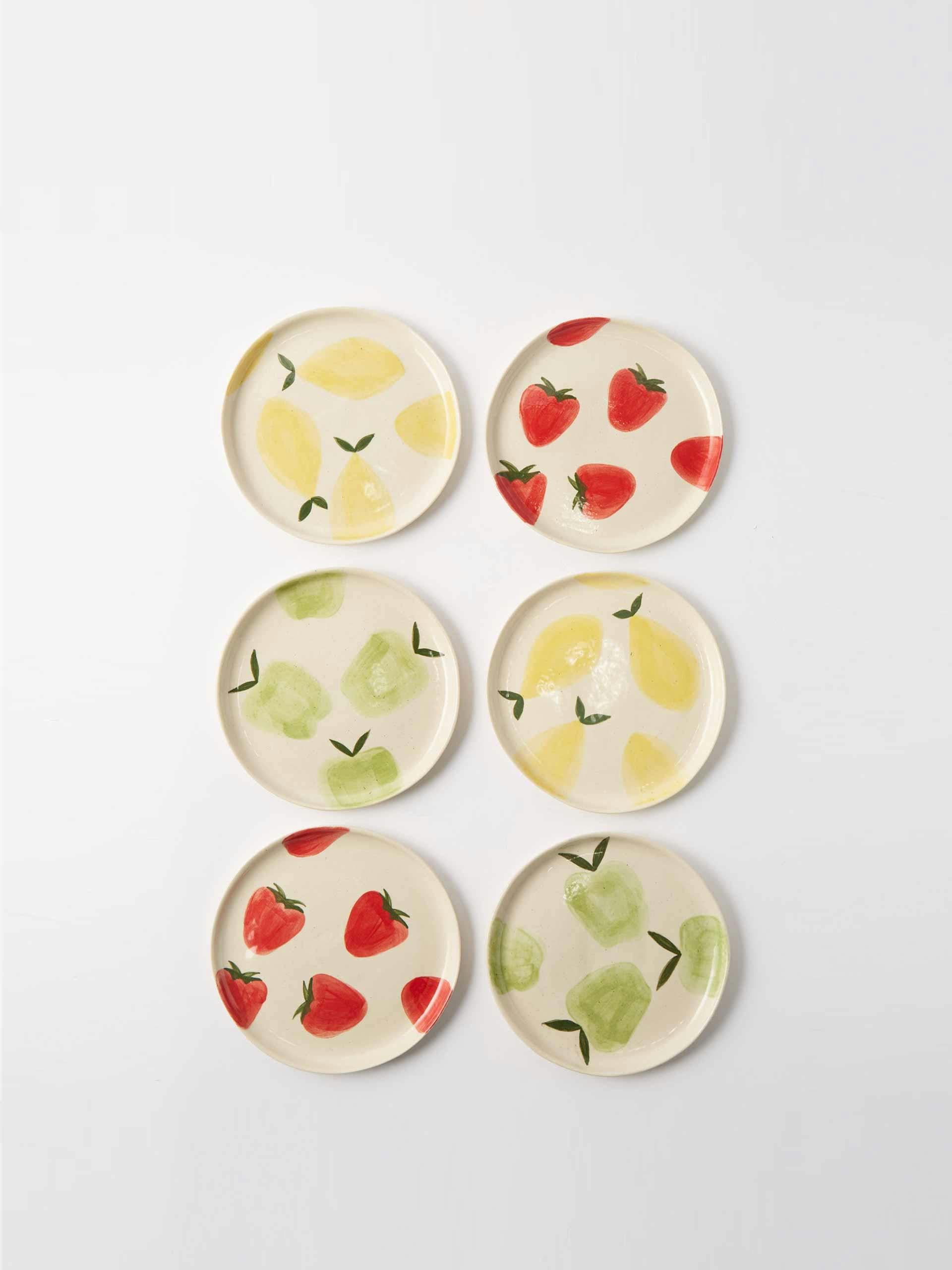 Set of six fruit print stoneware plates
