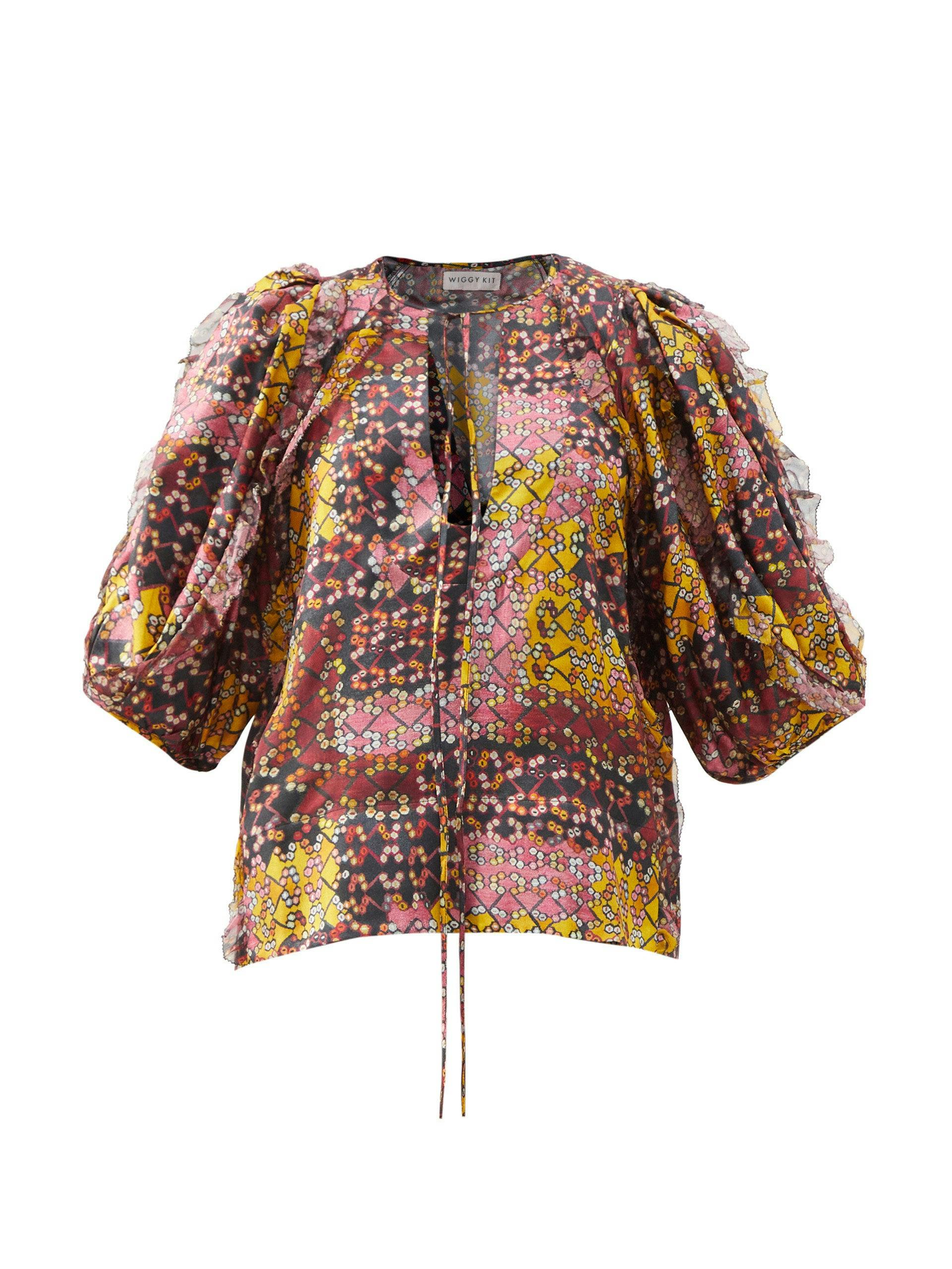 Beetle patchwork print ruffled-sleeve silk blouse