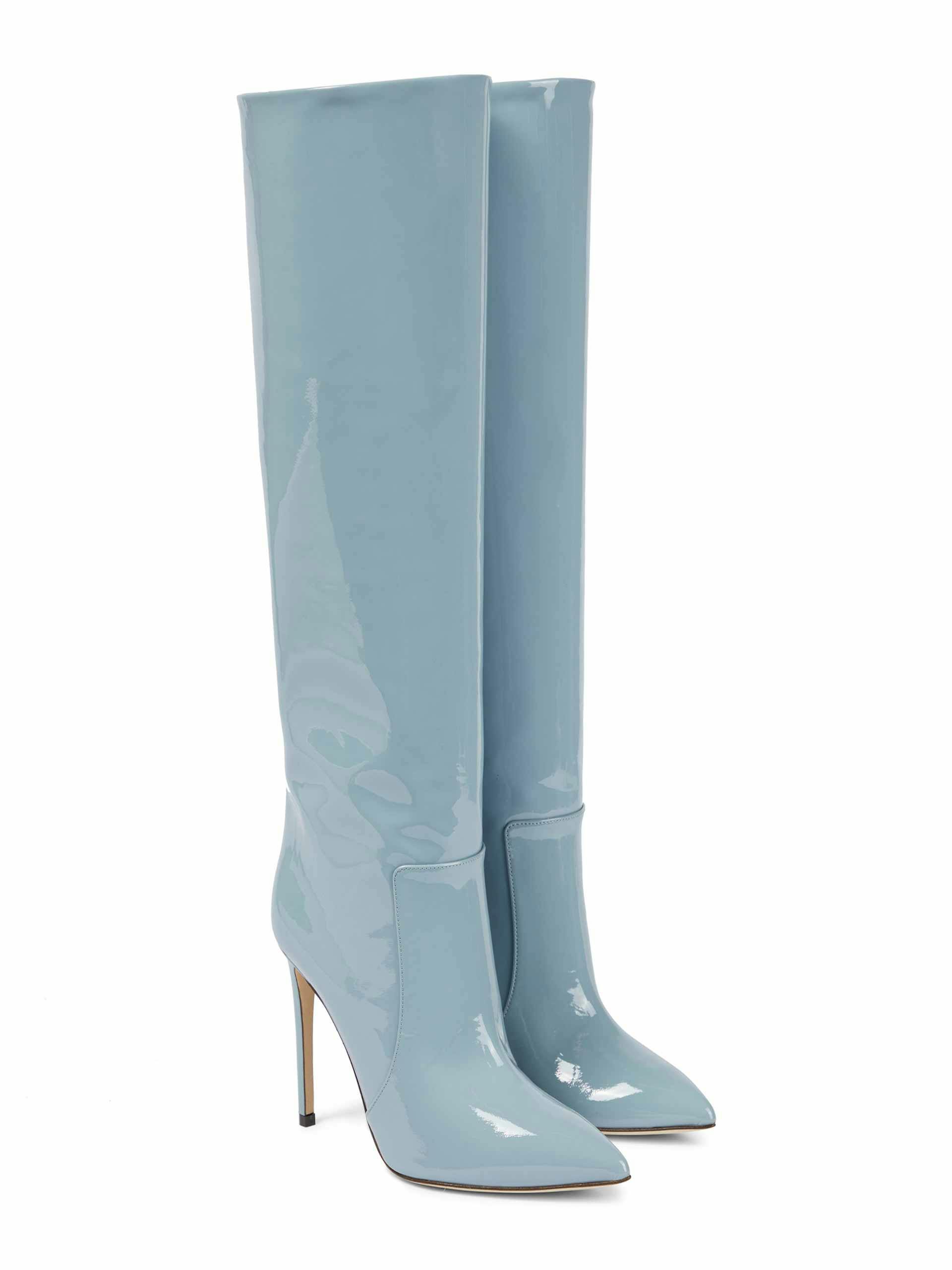 Baby blue patent leather knee high boots