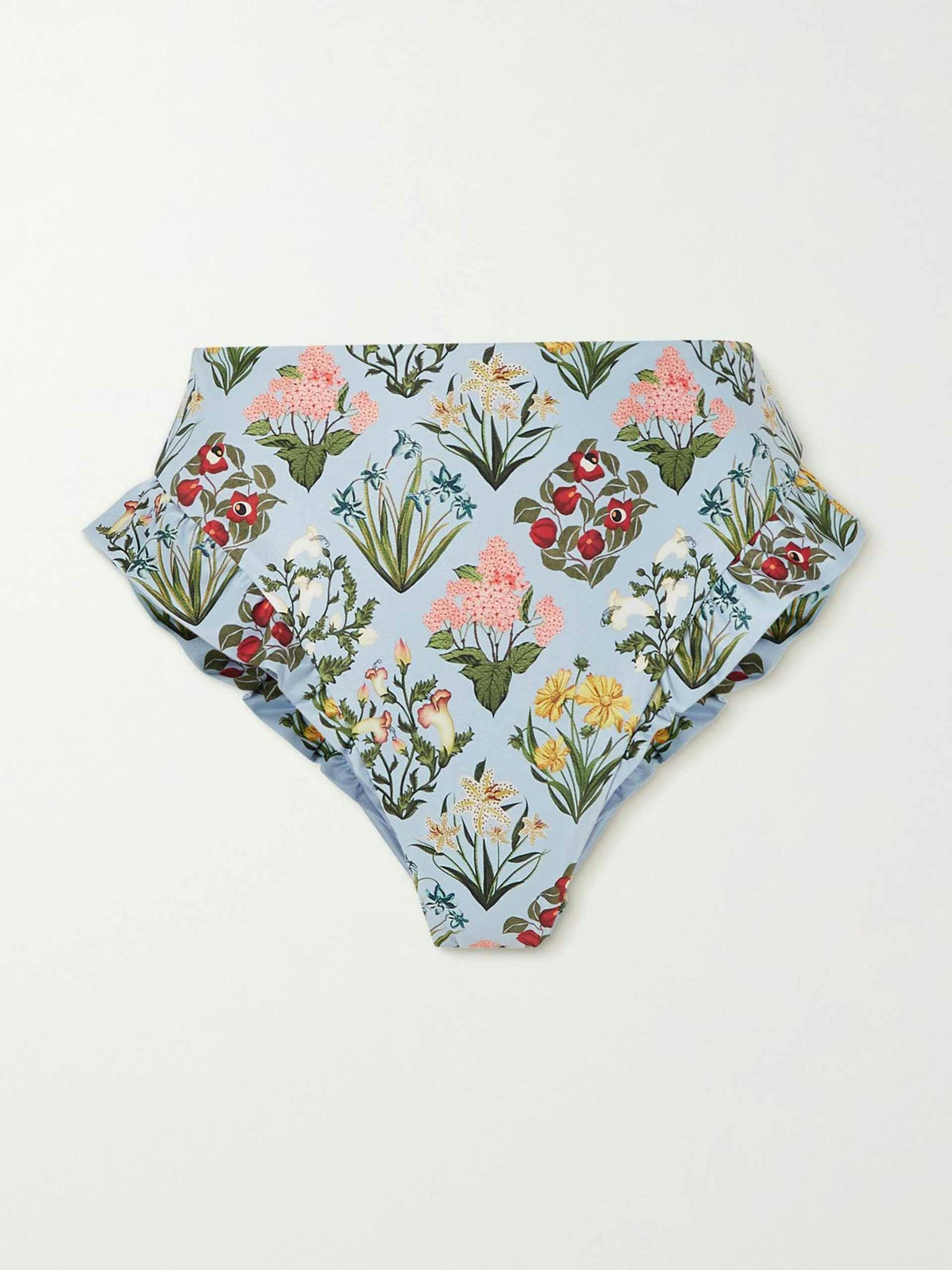 Blue ruffle floral printed bikini bottoms