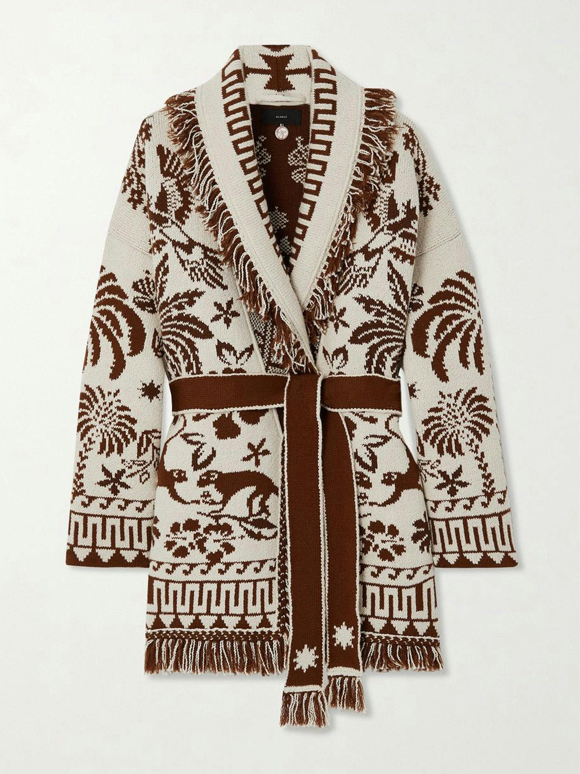 Fringed wool and cotton-blend jacquard cardigan