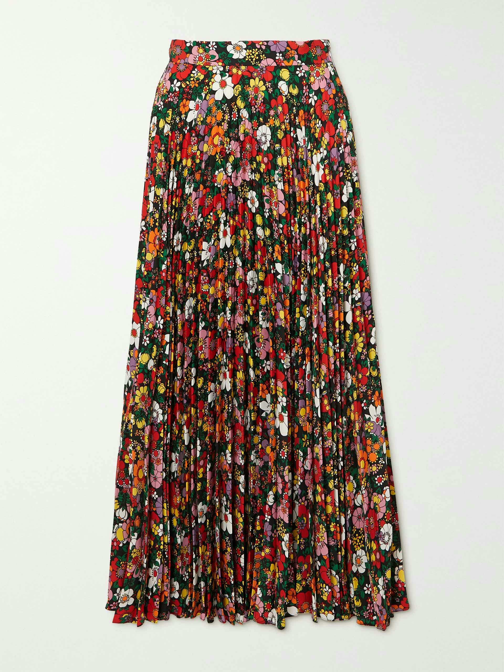 Pleated floral-print crepe midi skirt
