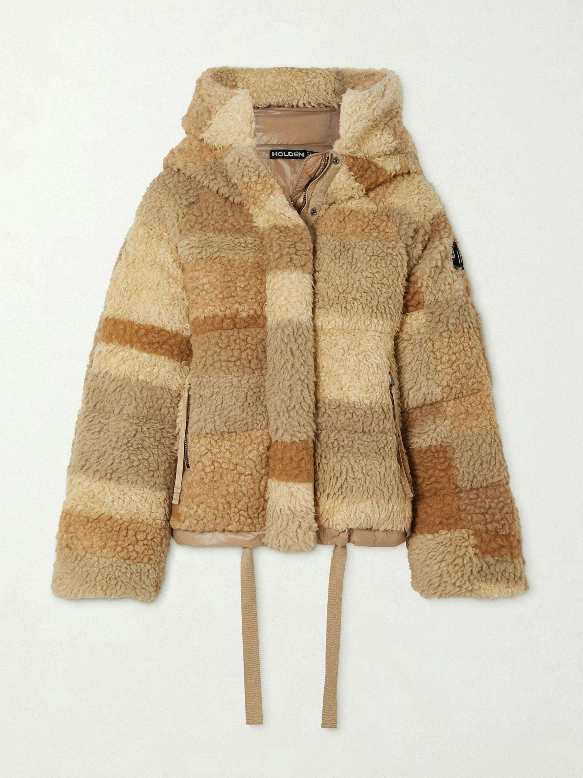 Beige hooded colour-block fleece down jacket