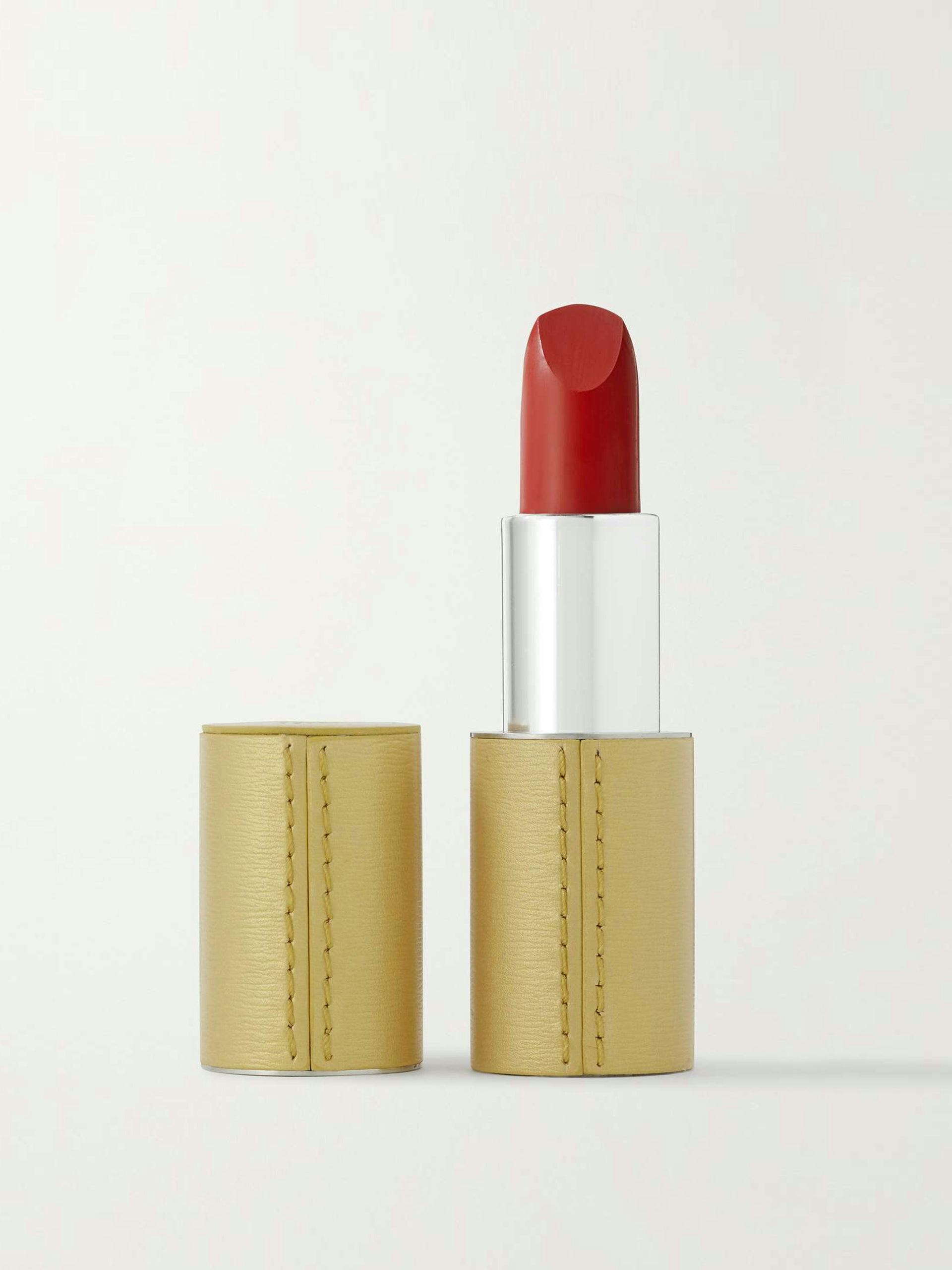 Red lipstick with refillable gold leather case
