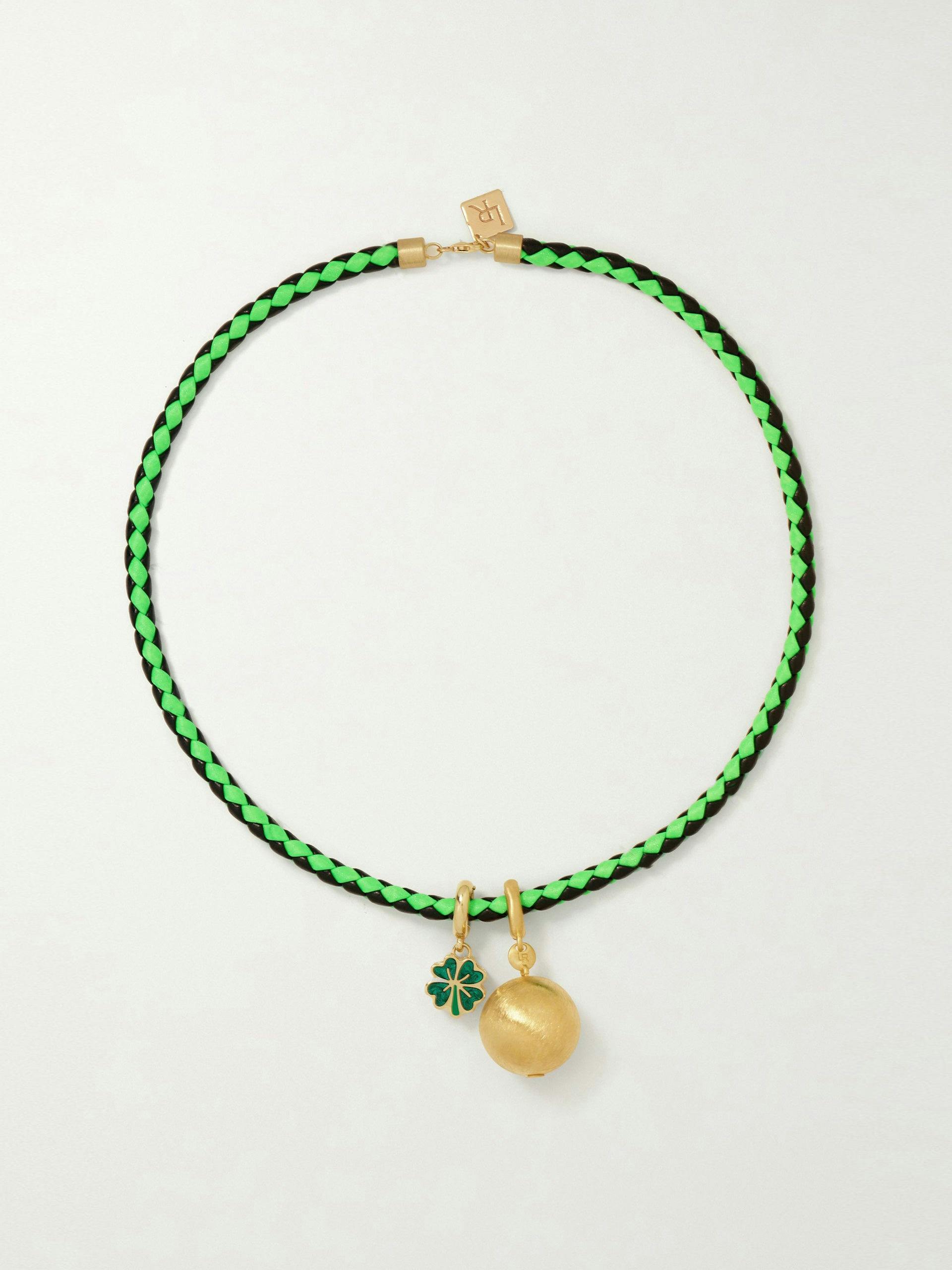 14kt gold, enamel and leather necklace