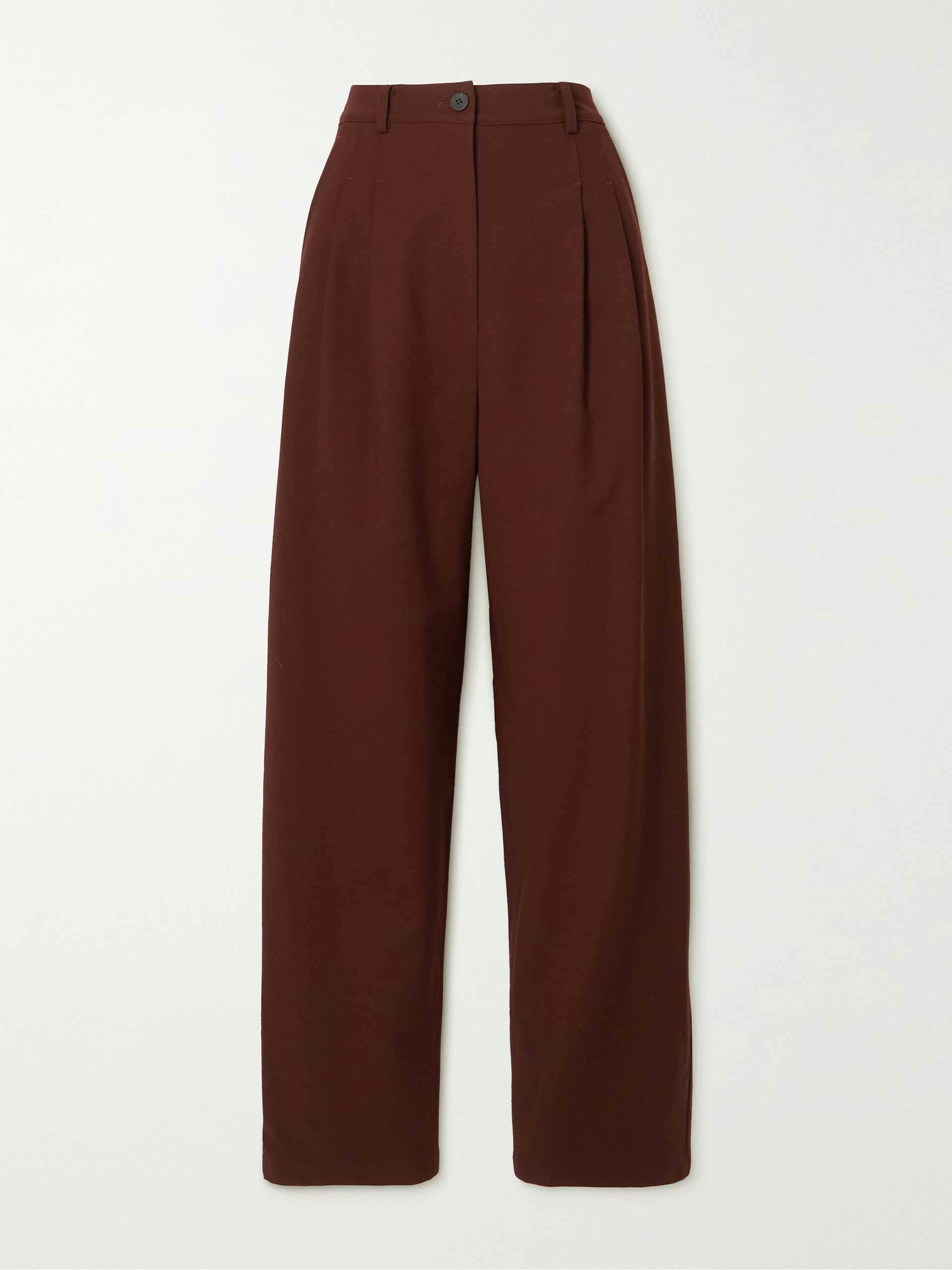 Burgundy pleated wide-leg trousers